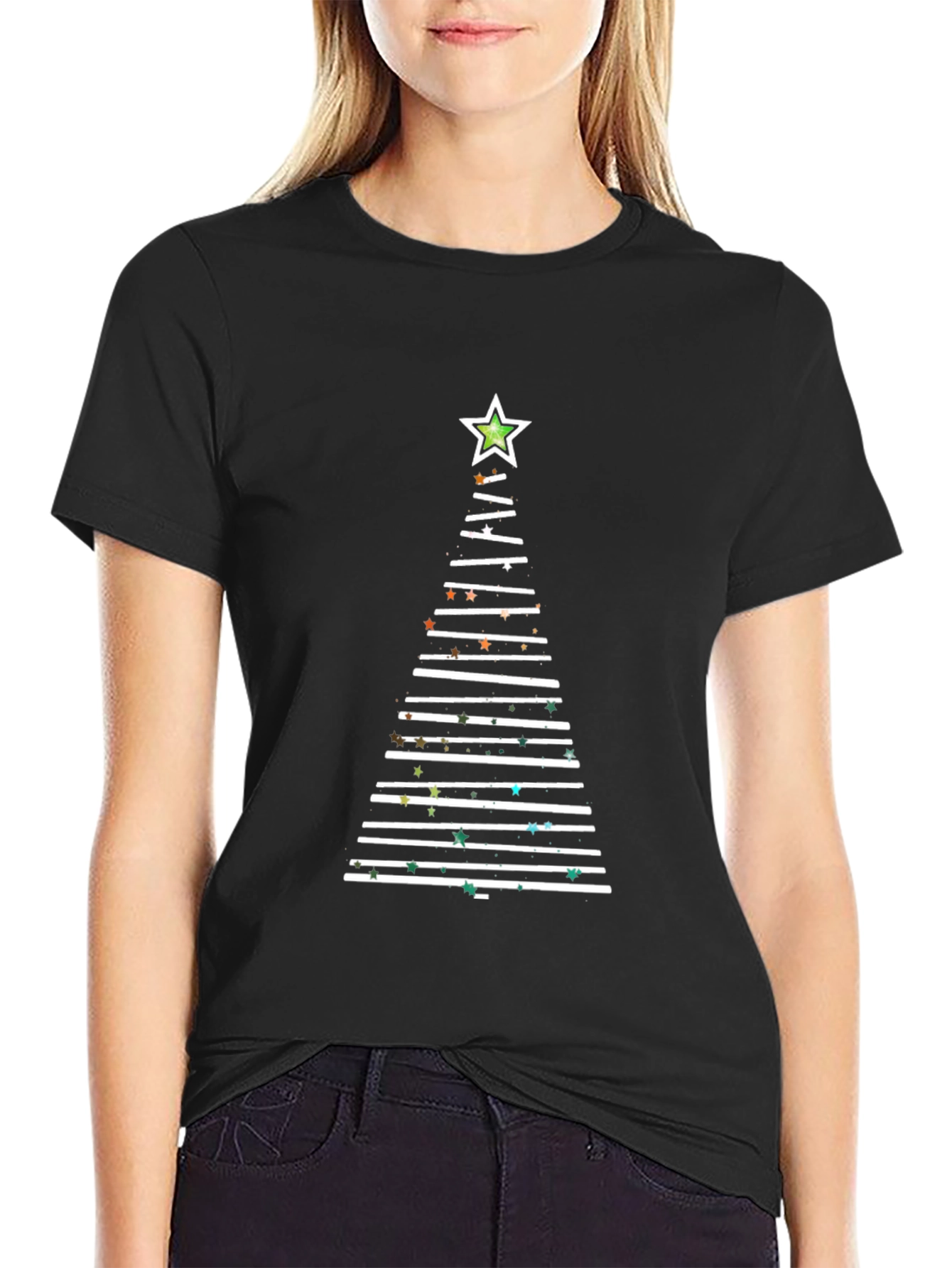 Festive Christmas Tree Line Art T-Shirt