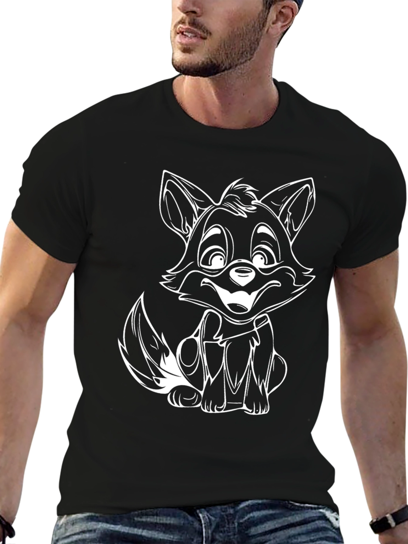 Cute Cartoon Fox Black T-Shirt