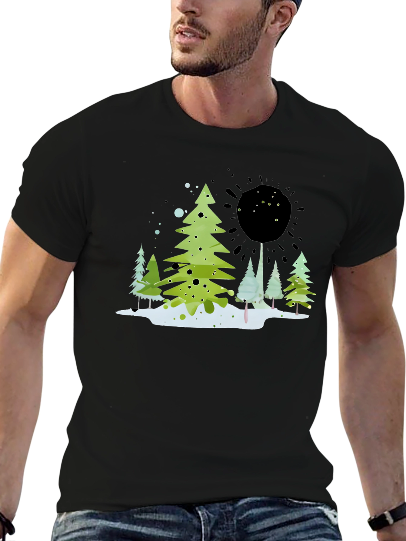 Whimsical Winter Tree Graphic Tee - Black
