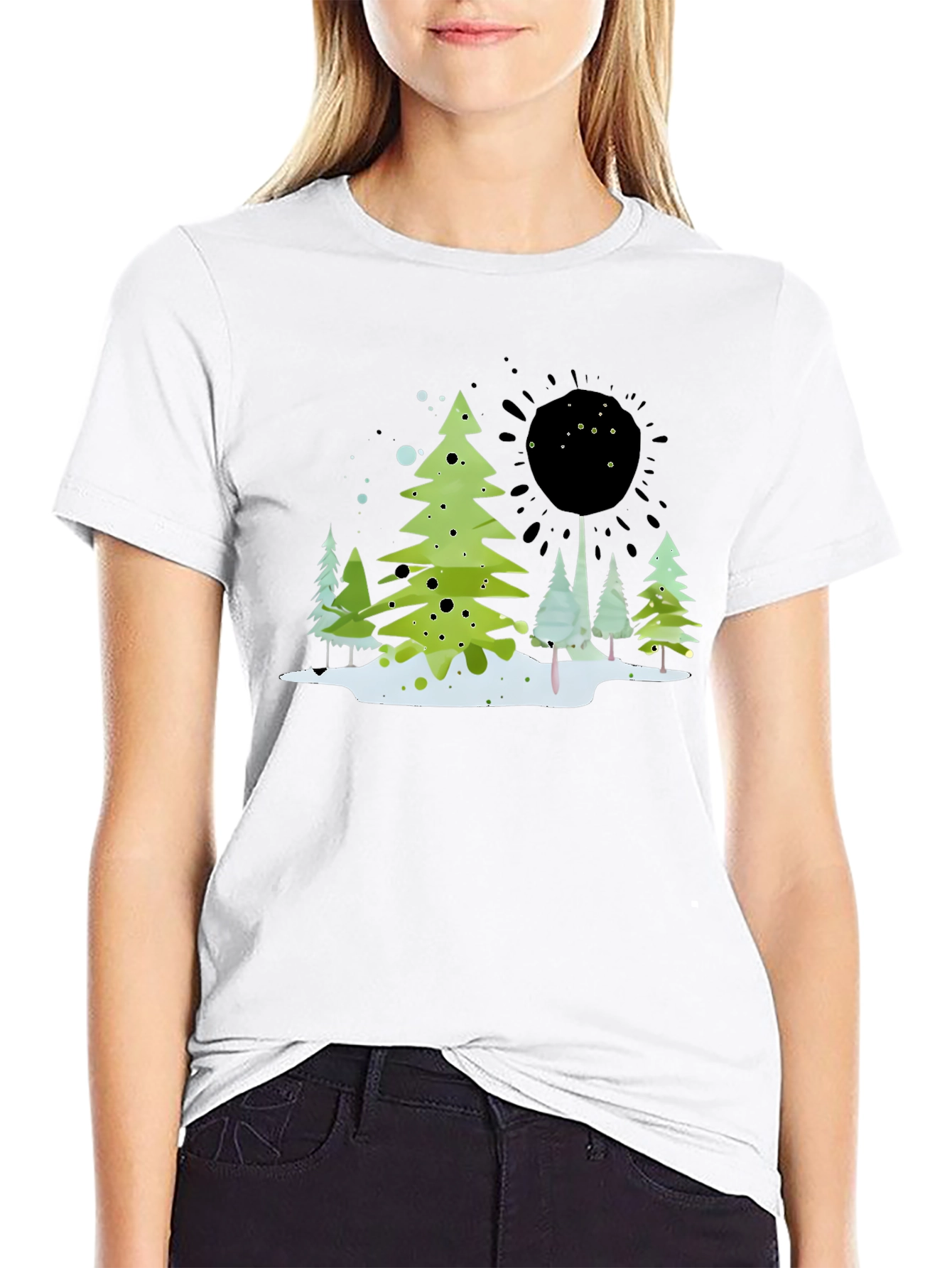 Whimsical Winter Tree Graphic Tee - Black