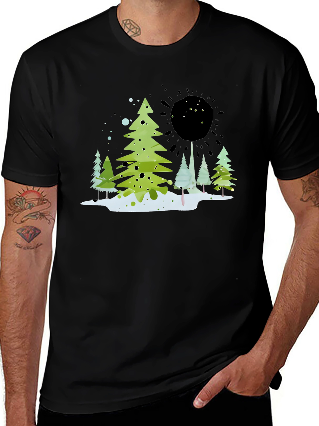 Whimsical Winter Tree Graphic Tee - Black