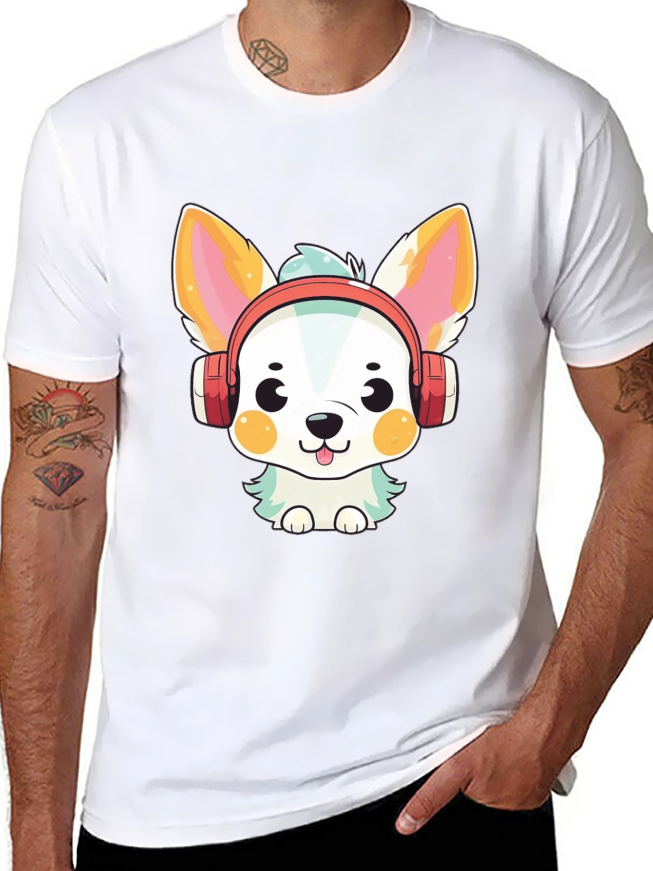 Cute Cartoon Dog with Headphones Graphic Tee