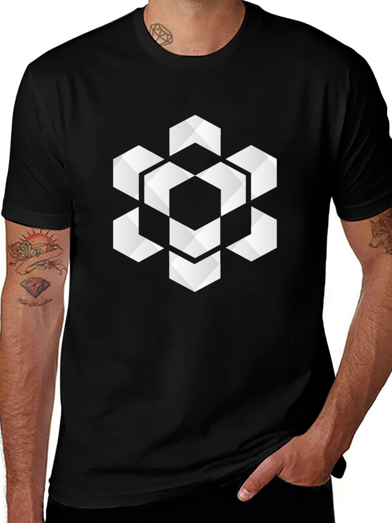 Geometric Hexagon Graphic Tee - Stylish Black T-Shirt