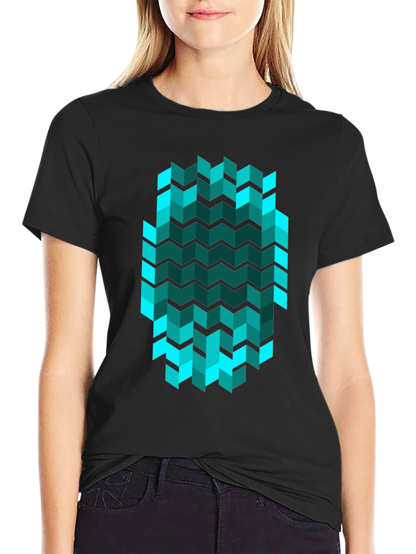 Geometric Chevron Tee - Teal Optical Illusion Print