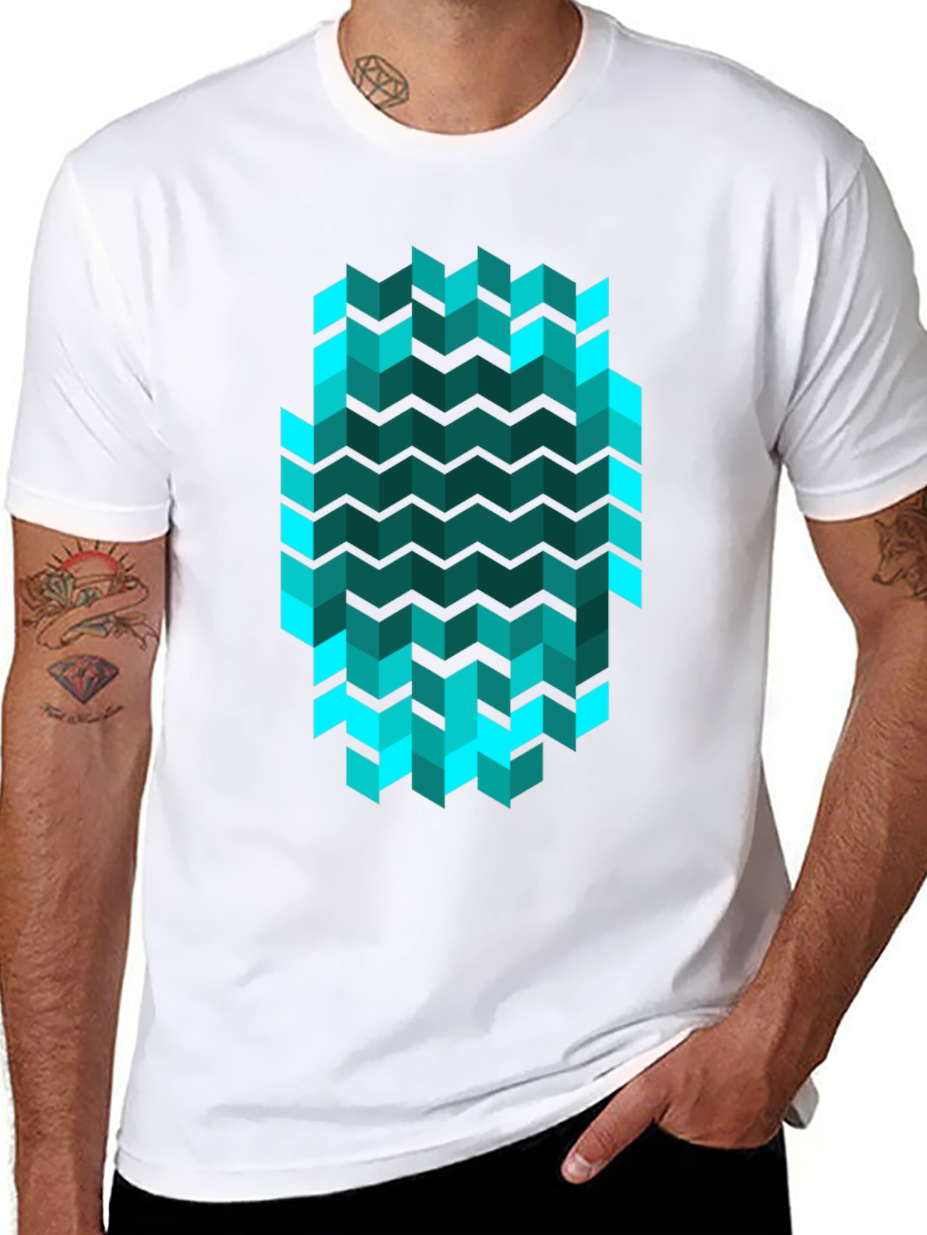 Geometric Chevron Tee - Teal Optical Illusion Print