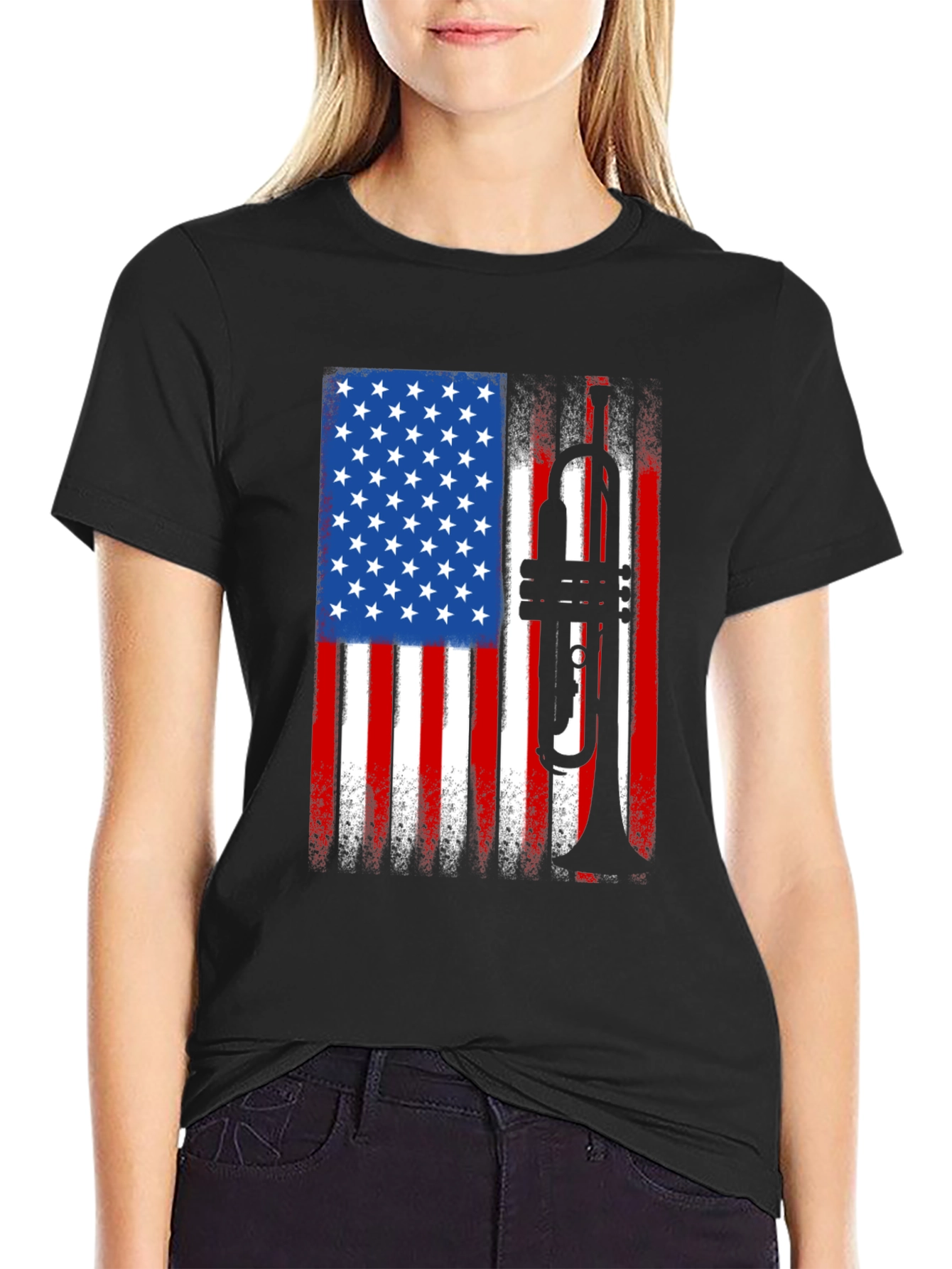 USA Flag Trumpet Graphic Tee - Patriotic Musician Shirt