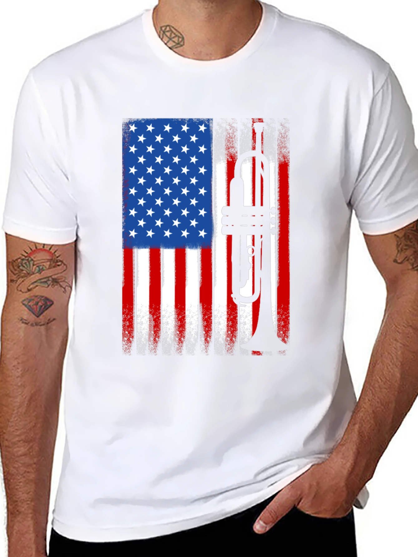 USA Flag Trumpet Graphic Tee - Patriotic Musician Shirt