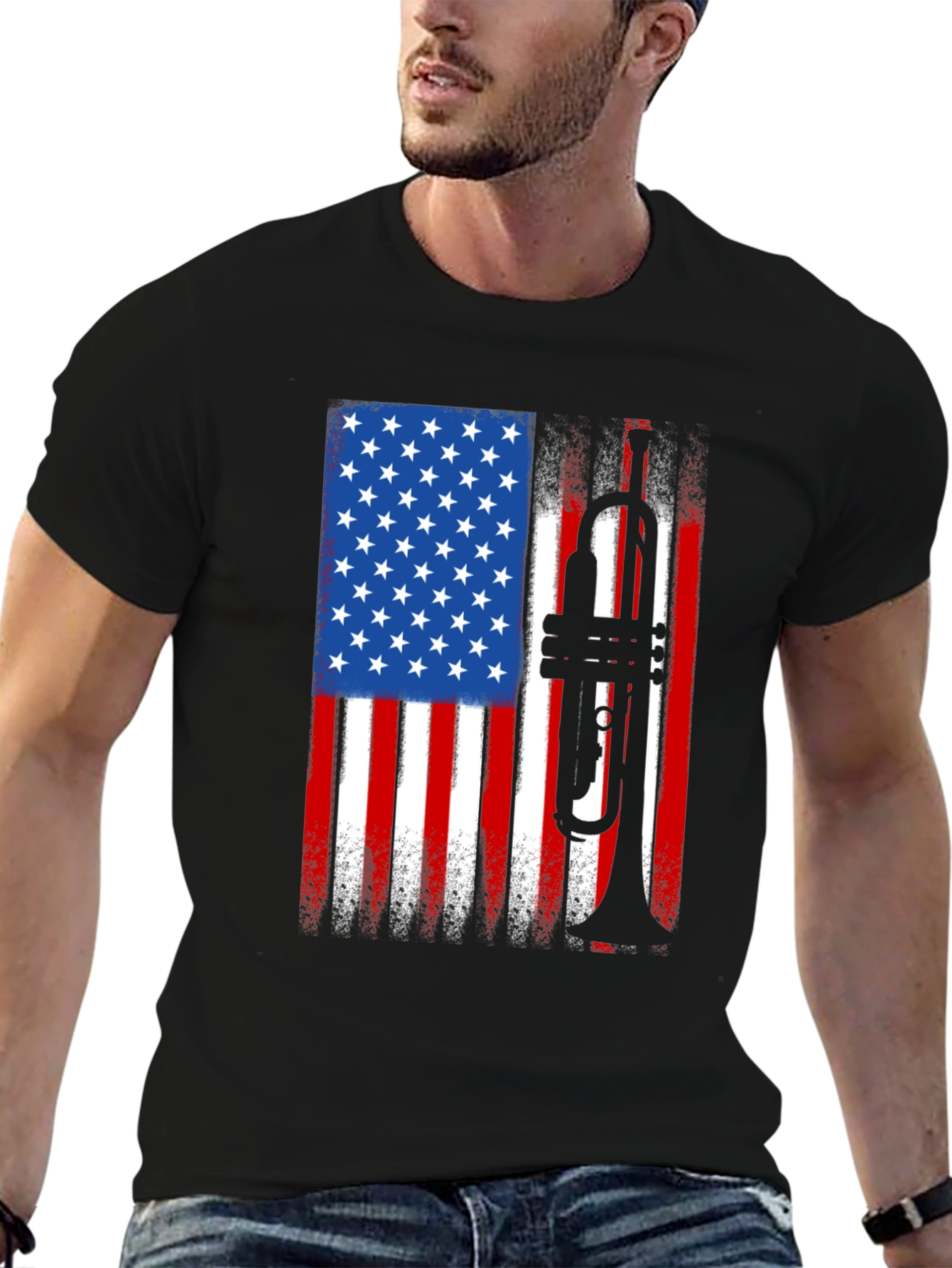 USA Flag Trumpet Graphic Tee - Patriotic Musician Shirt
