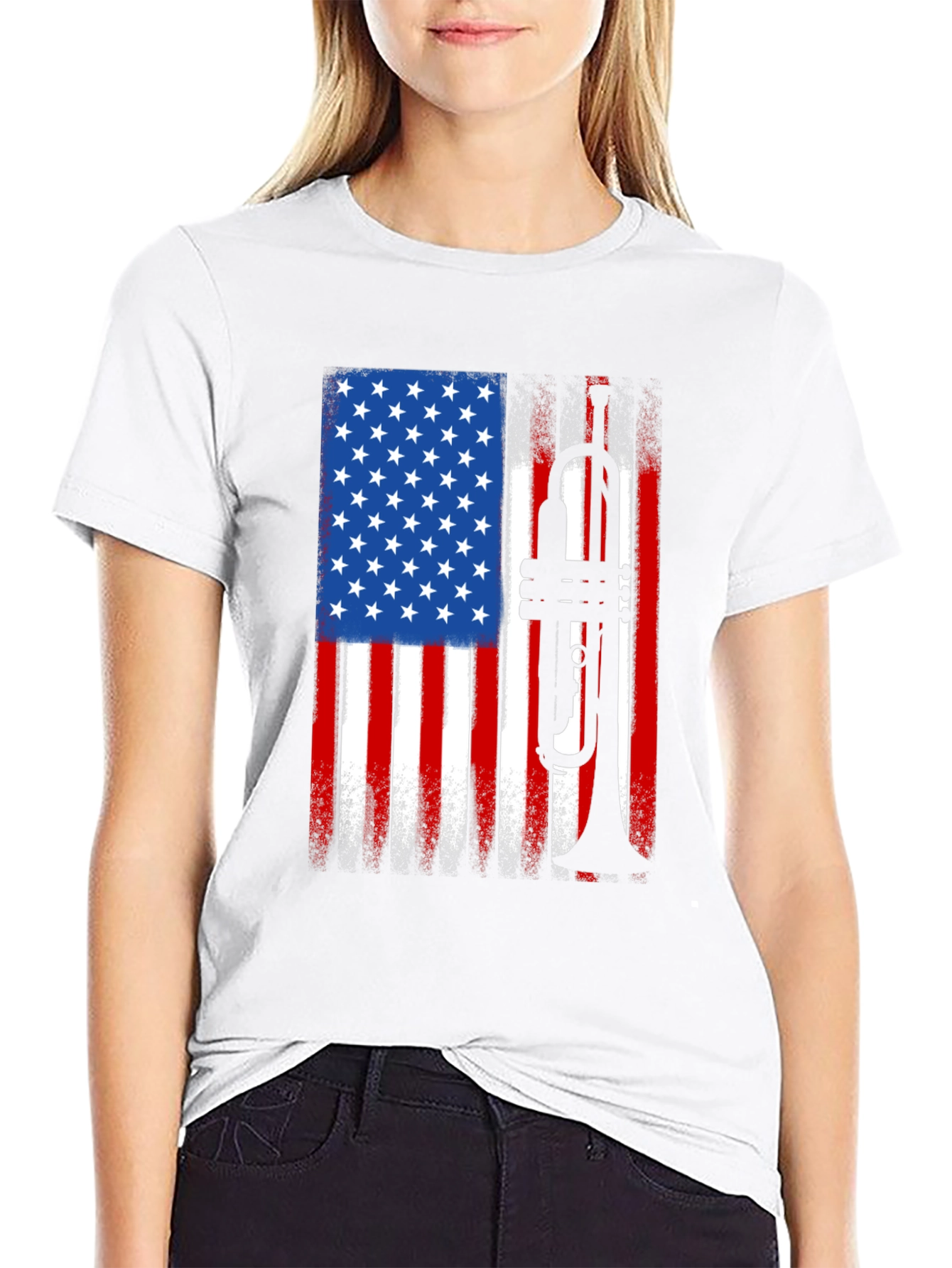 USA Flag Trumpet Graphic Tee - Patriotic Musician Shirt