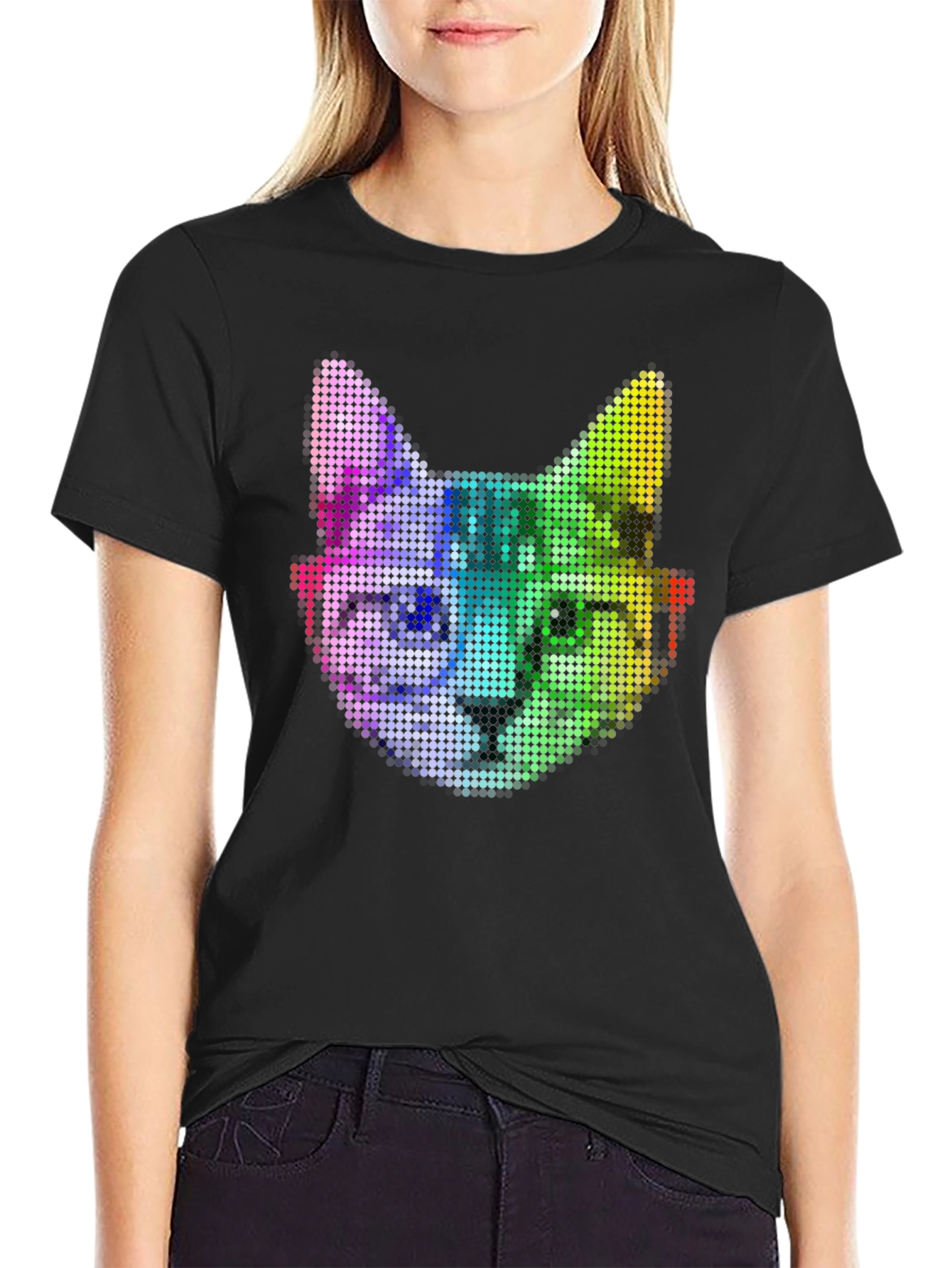 Rainbow Pixel Cat Graphic T-Shirt