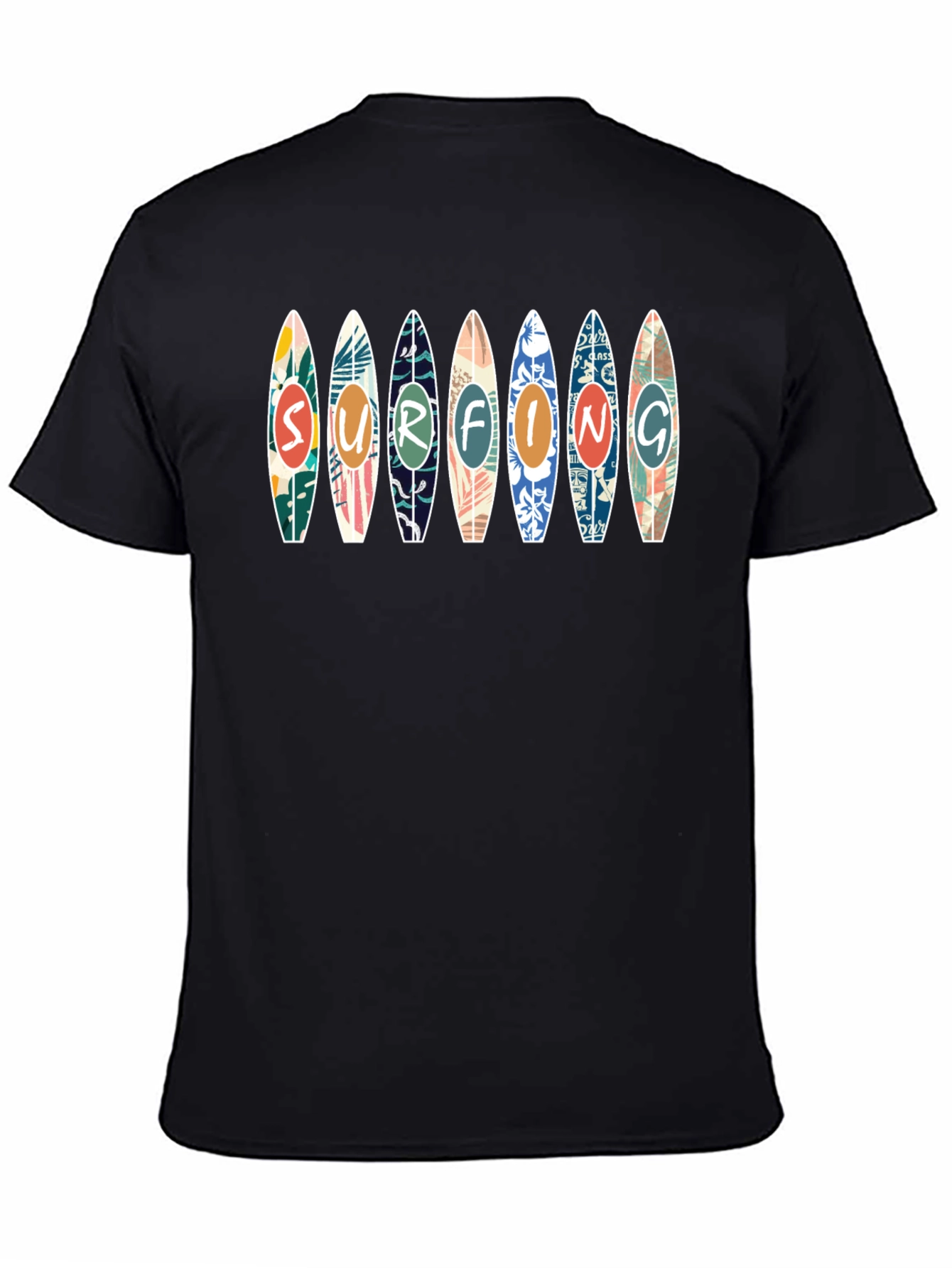 Surfing Design Tee - Black Cotton Graphic T-Shirt