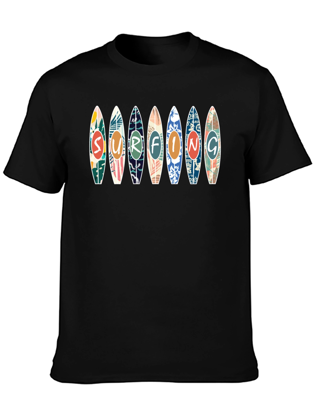 Surfing Design Tee - Black Cotton Graphic T-Shirt