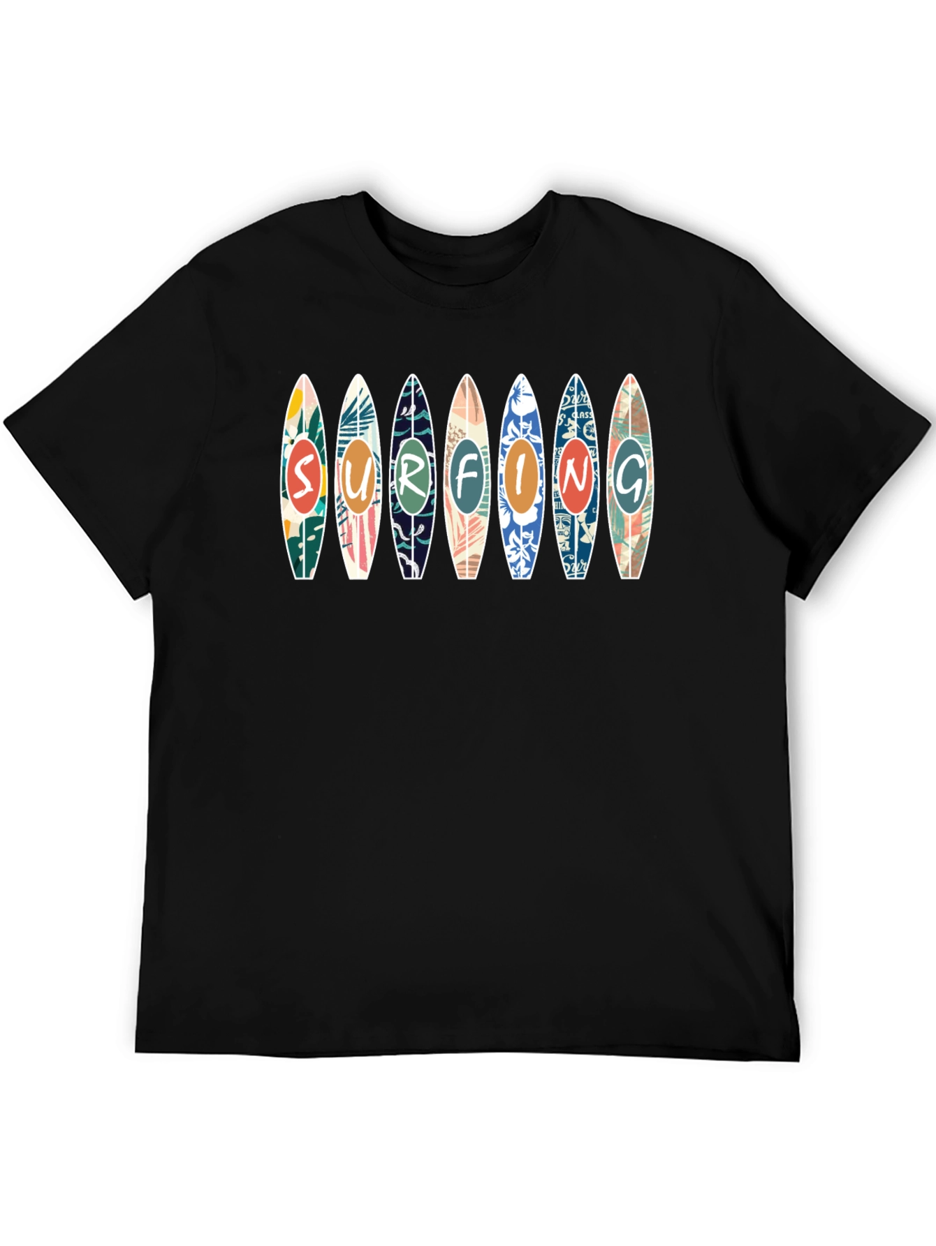 Surfing Design Tee - Black Cotton Graphic T-Shirt