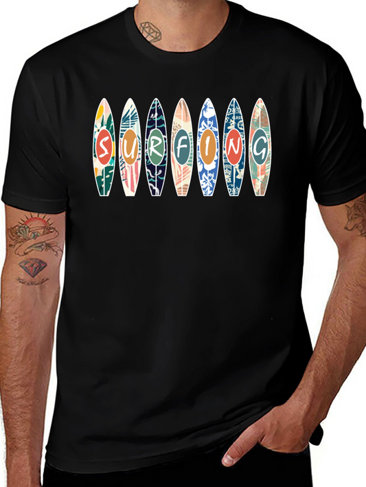 Surfing Design Tee - Black Cotton Graphic T-Shirt