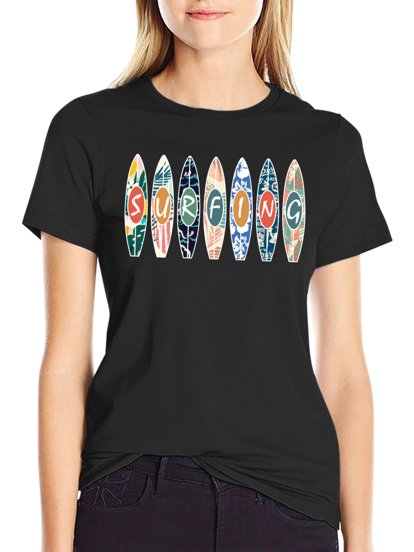 Surfing Design Tee - Black Cotton Graphic T-Shirt