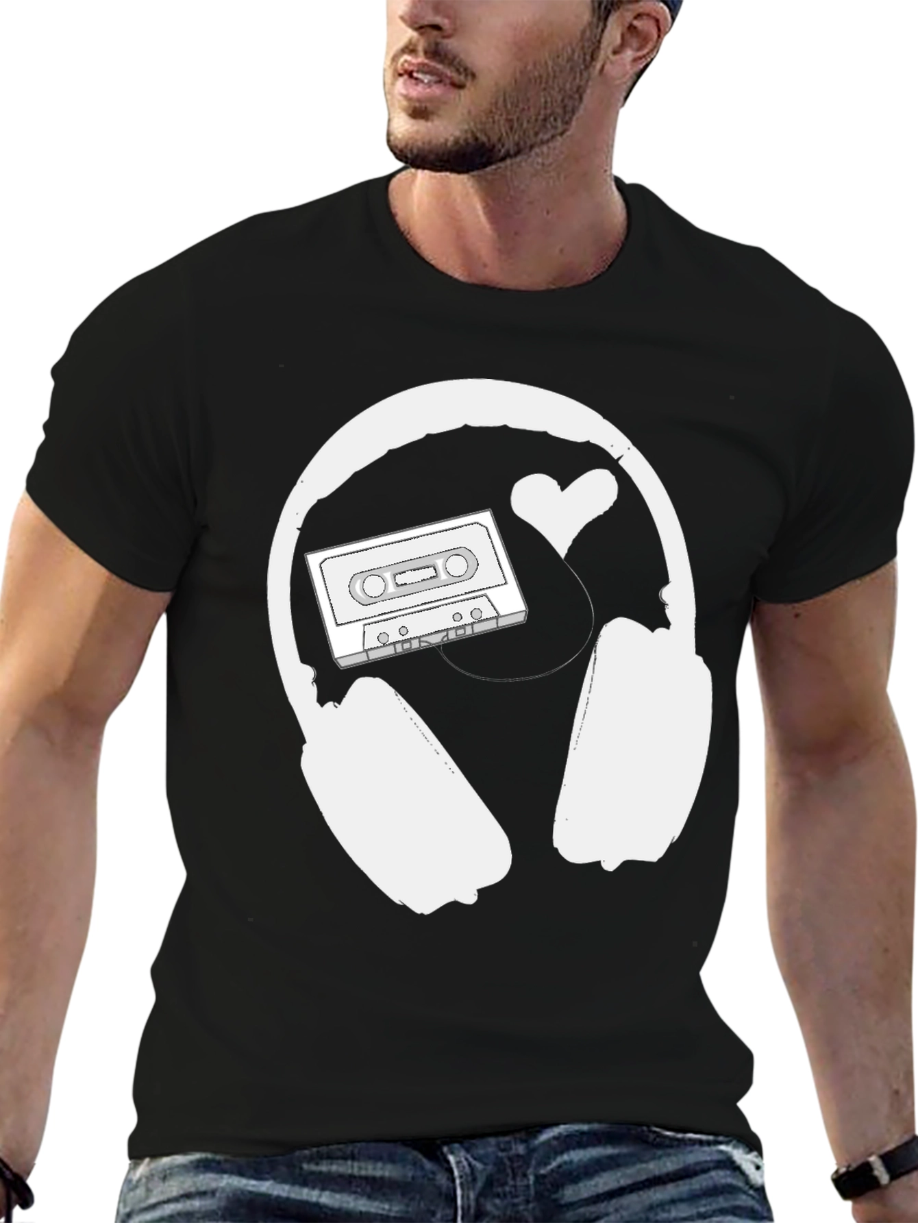 Retro Music Lover Tee: Headphones Cassette & Heart