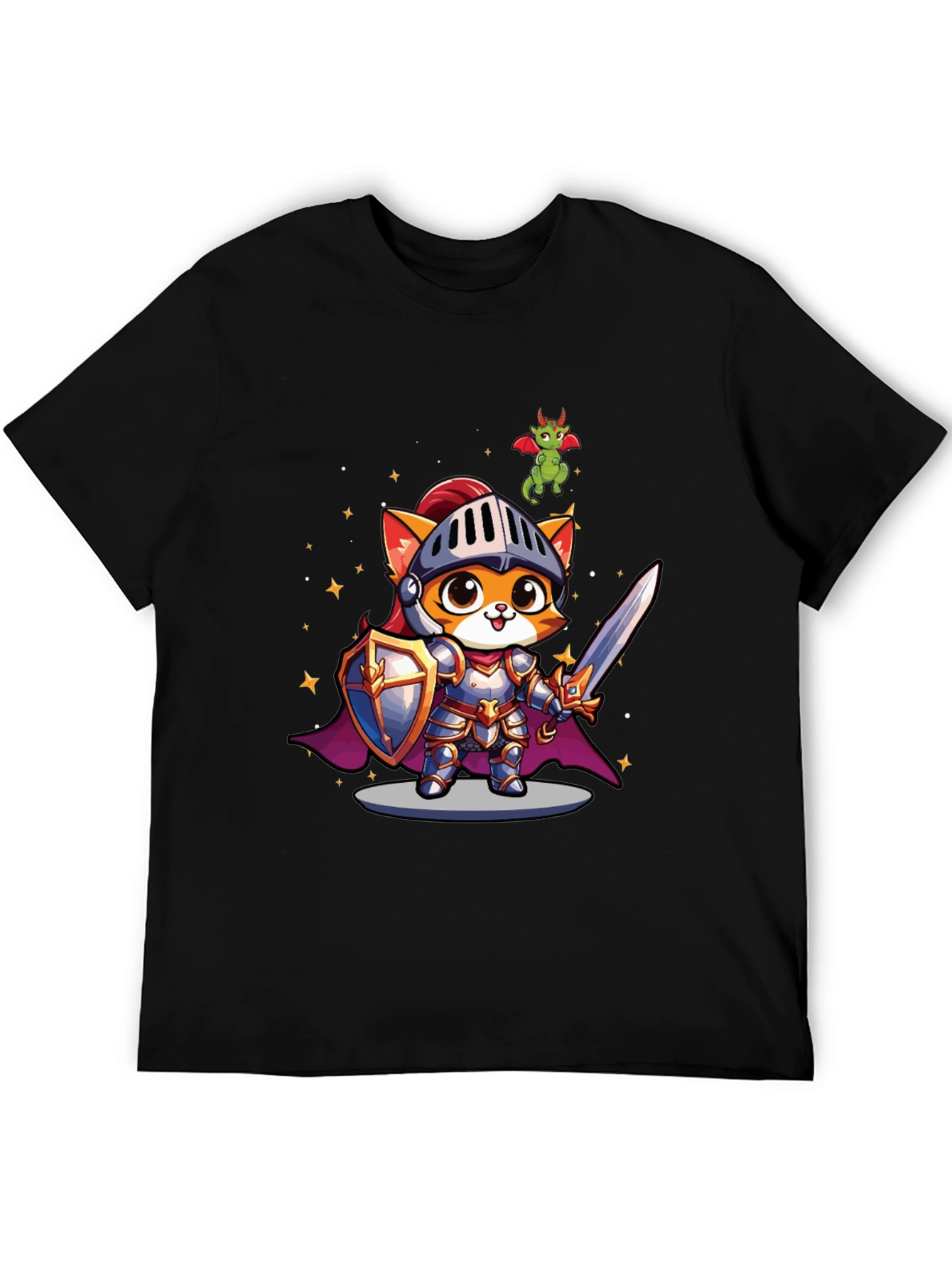 Knight Cat T-Shirt - Cartoon Dragon Tee