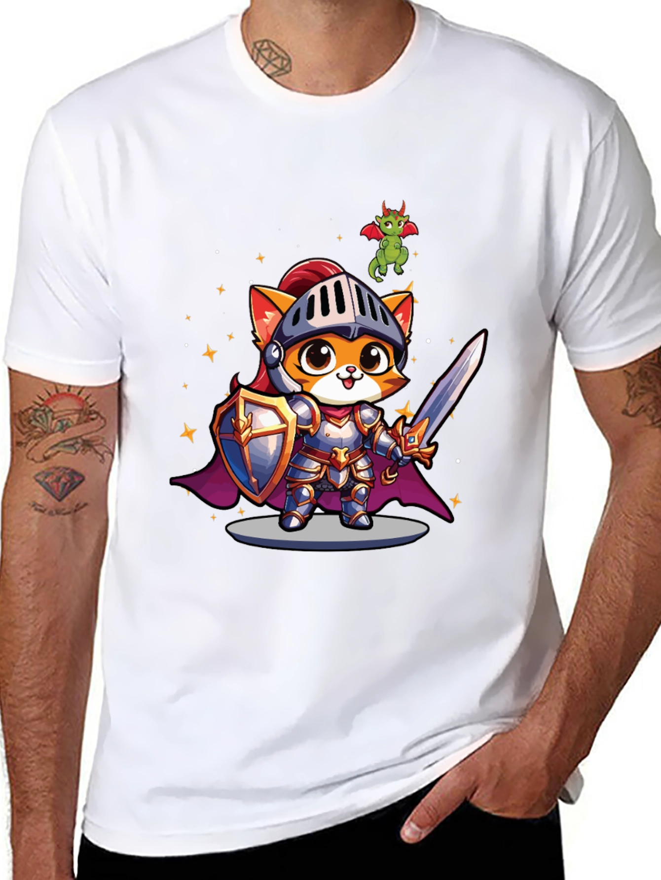 Knight Cat T-Shirt - Cartoon Dragon Tee