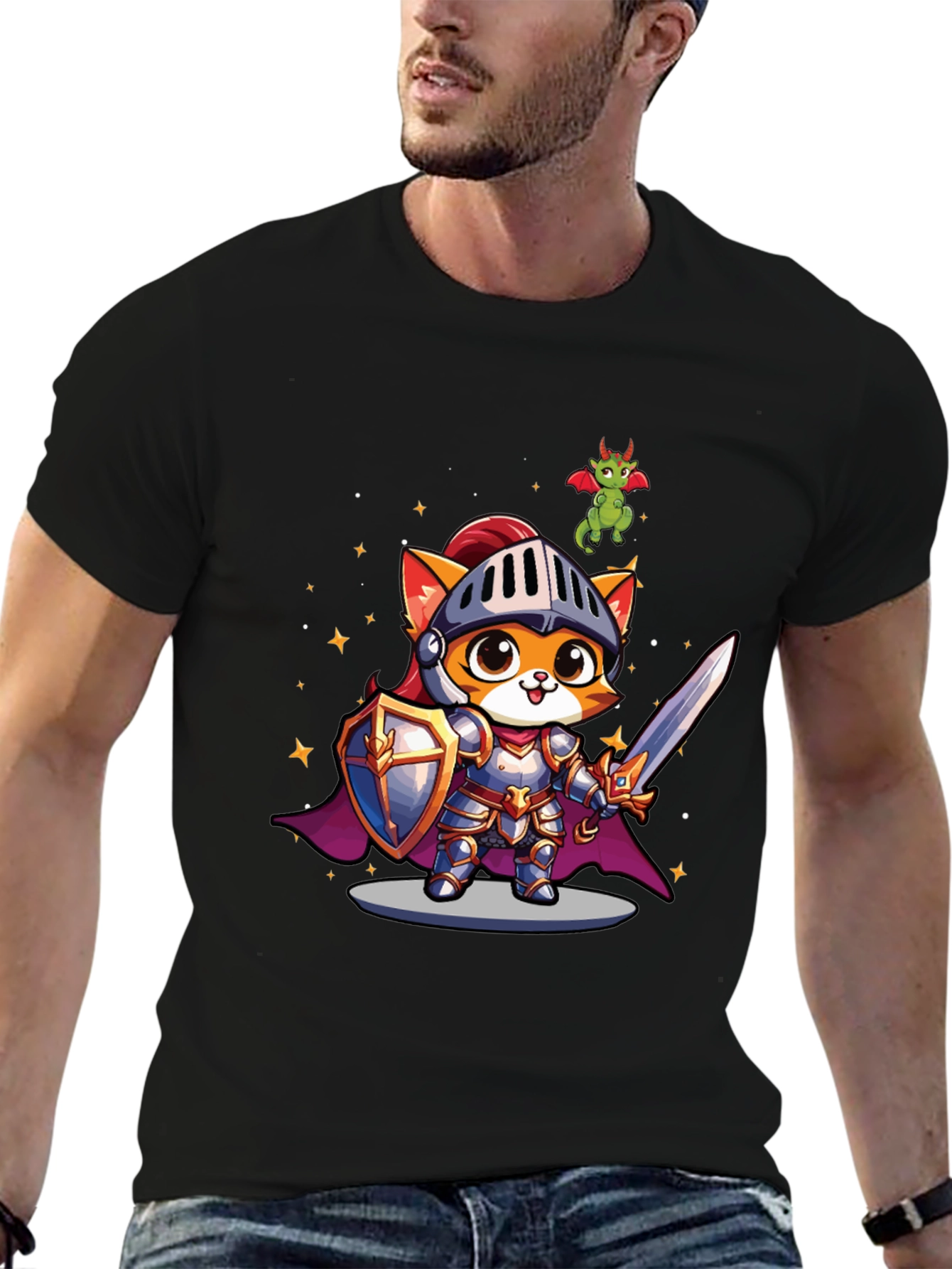 Knight Cat T-Shirt - Cartoon Dragon Tee