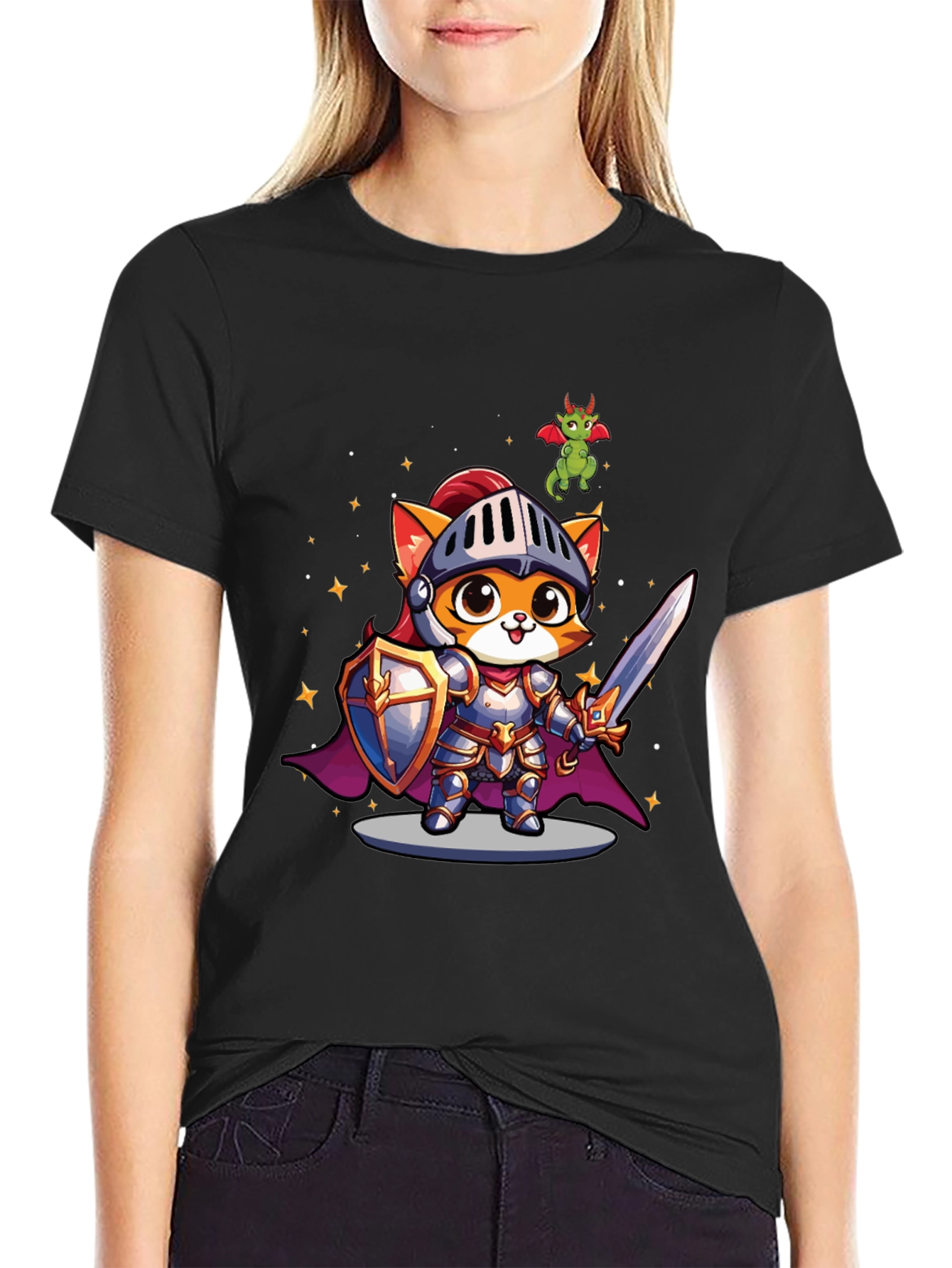 Knight Cat T-Shirt - Cartoon Dragon Tee
