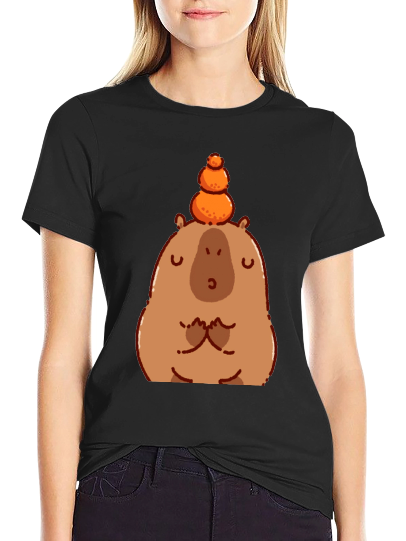 Cute Capybara Balancing Fruit Graphic Tee