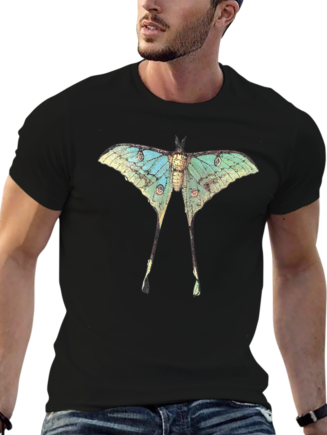 Luna Moth Graphic Print Black T-Shirt
