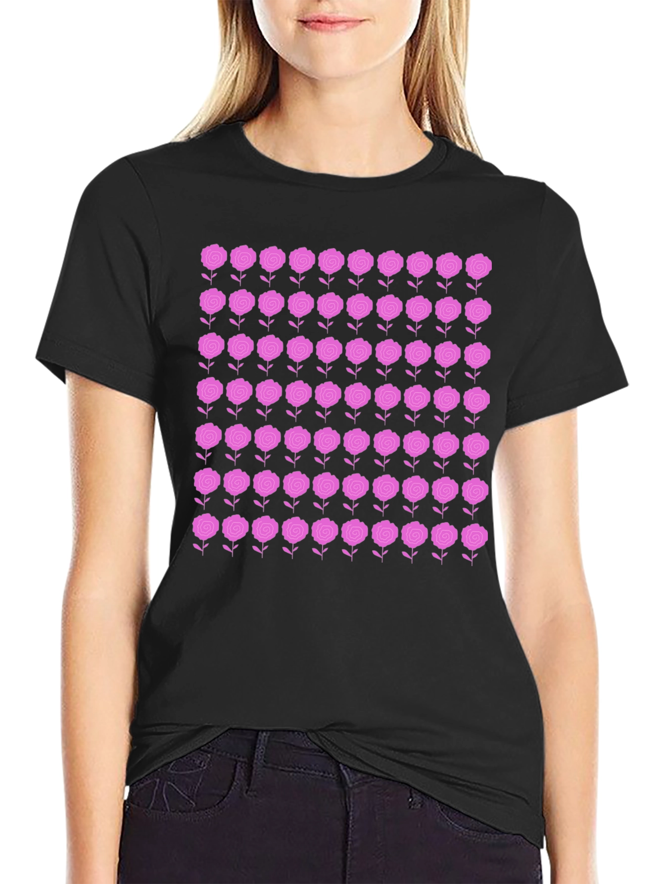 Floral Rose Pattern Black T-Shirt