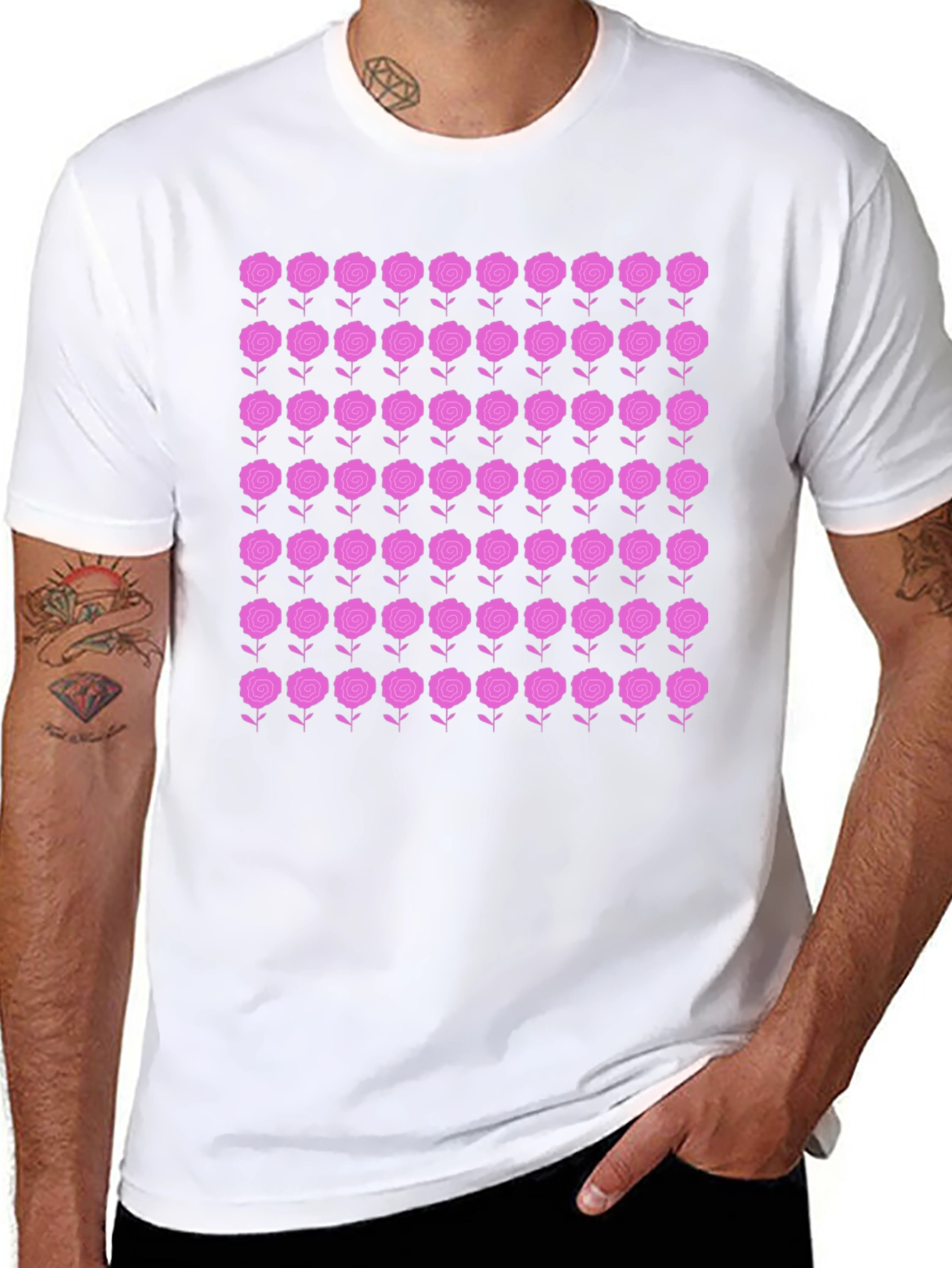 Floral Rose Pattern Black T-Shirt