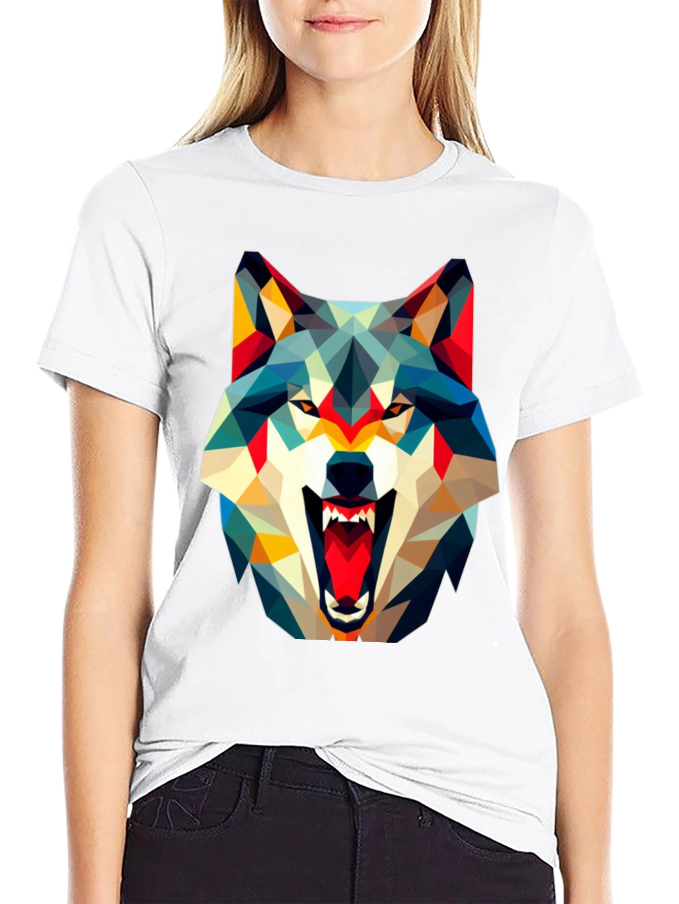 Geometric Wolf Graphic Black T-Shirt