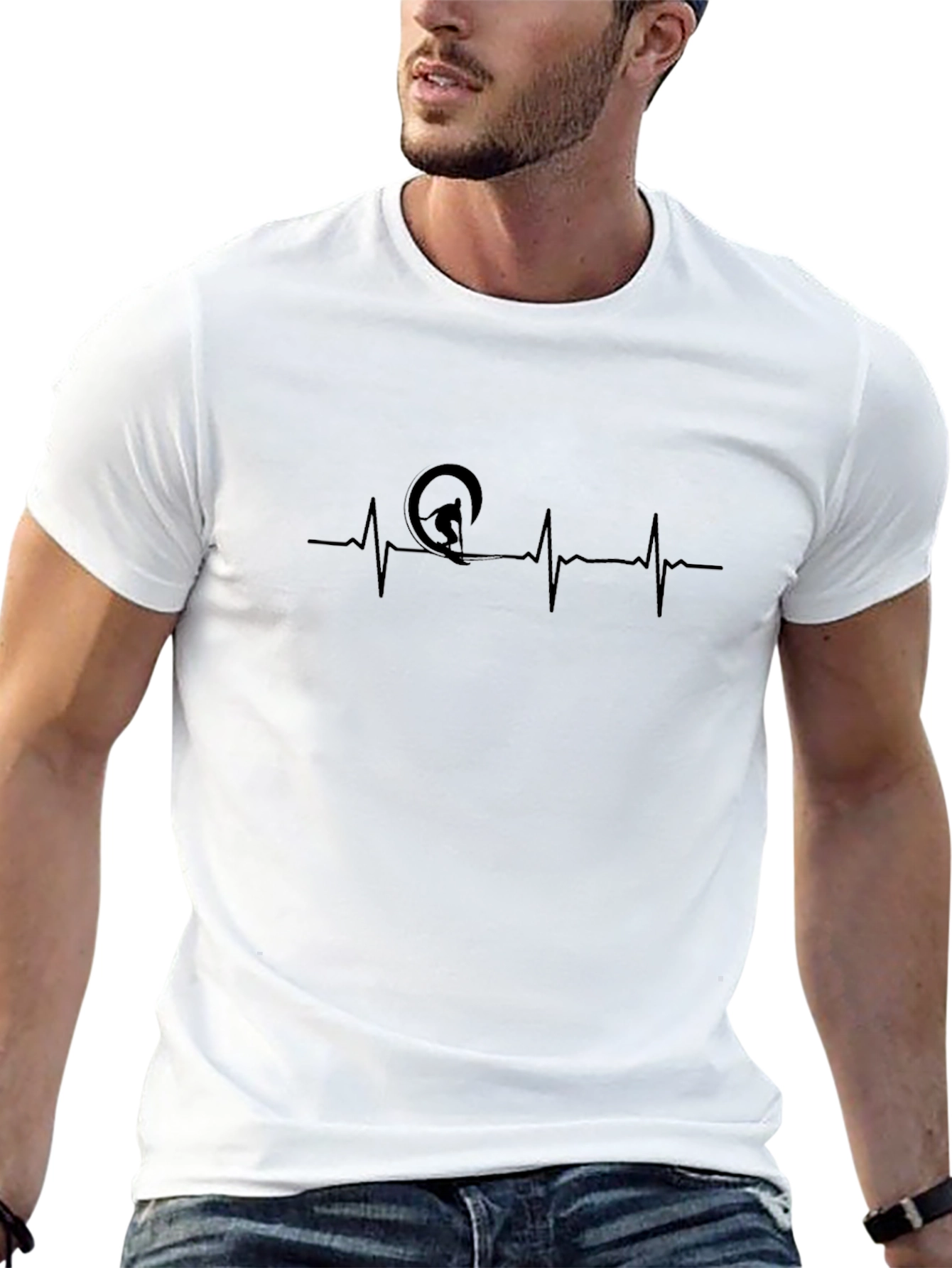 Surfing Heartbeat Graphic Tee - Black Cotton T-Shirt