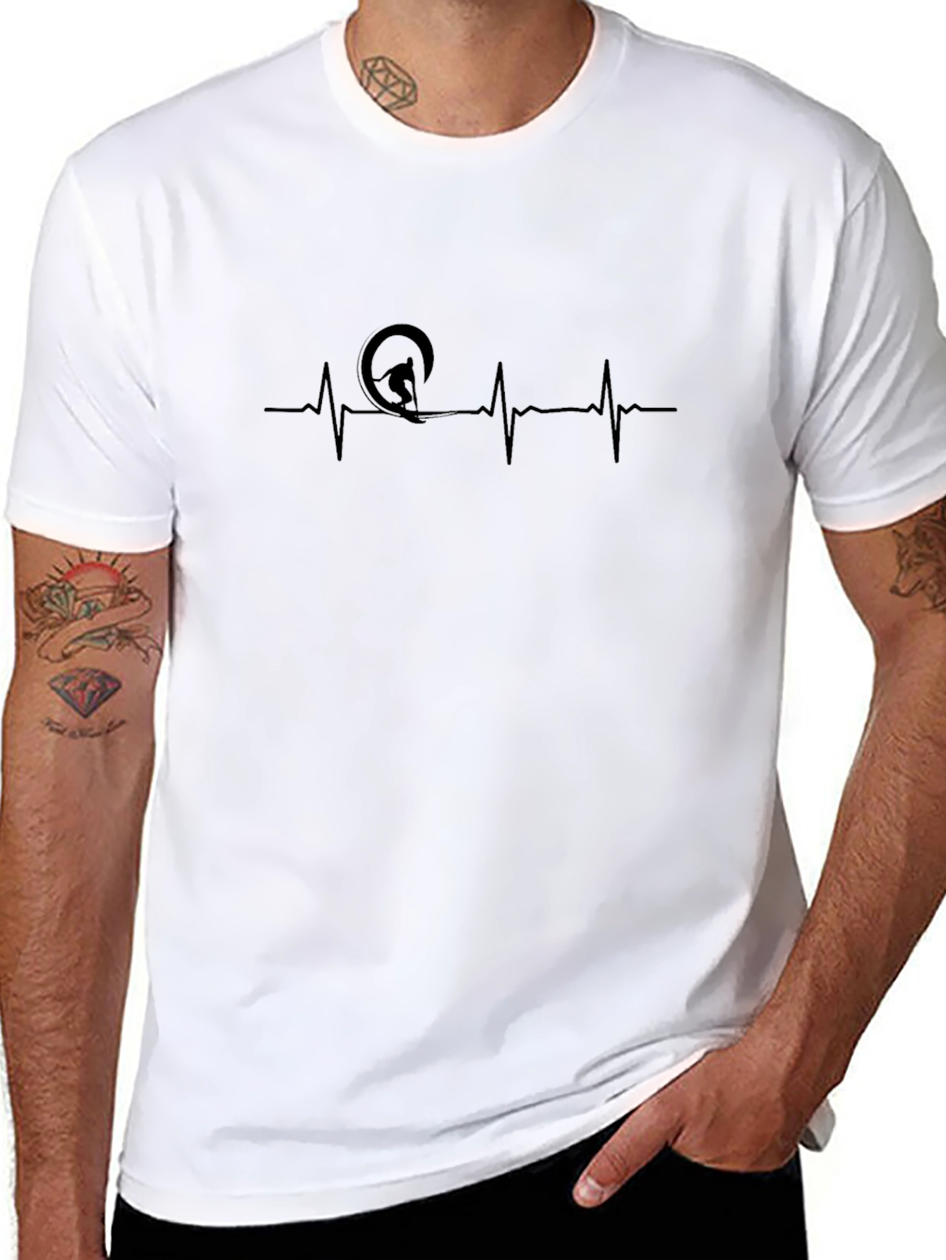 Surfing Heartbeat Graphic Tee - Black Cotton T-Shirt