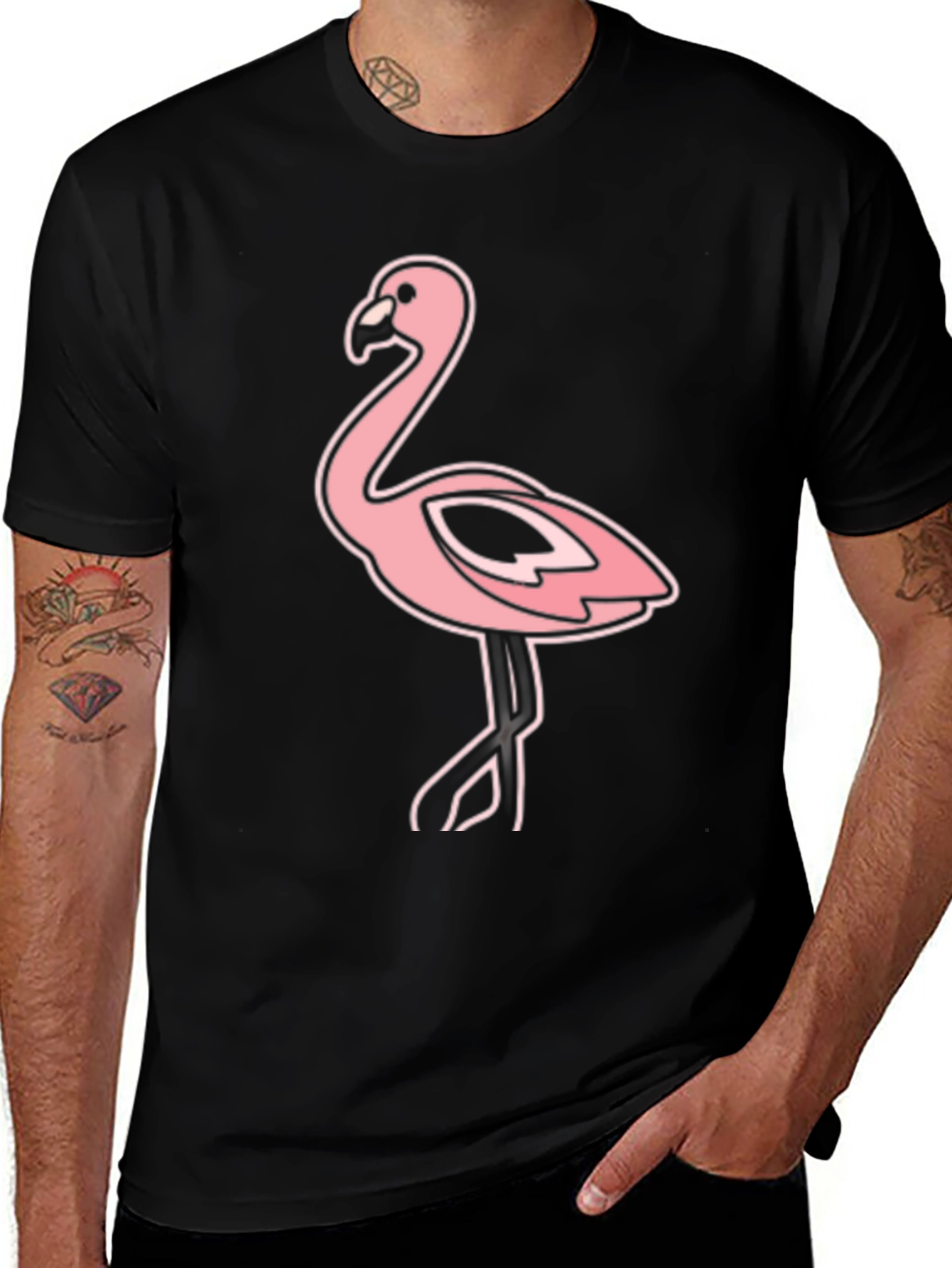 Black Tee with Pink Flamingo Graphic Print