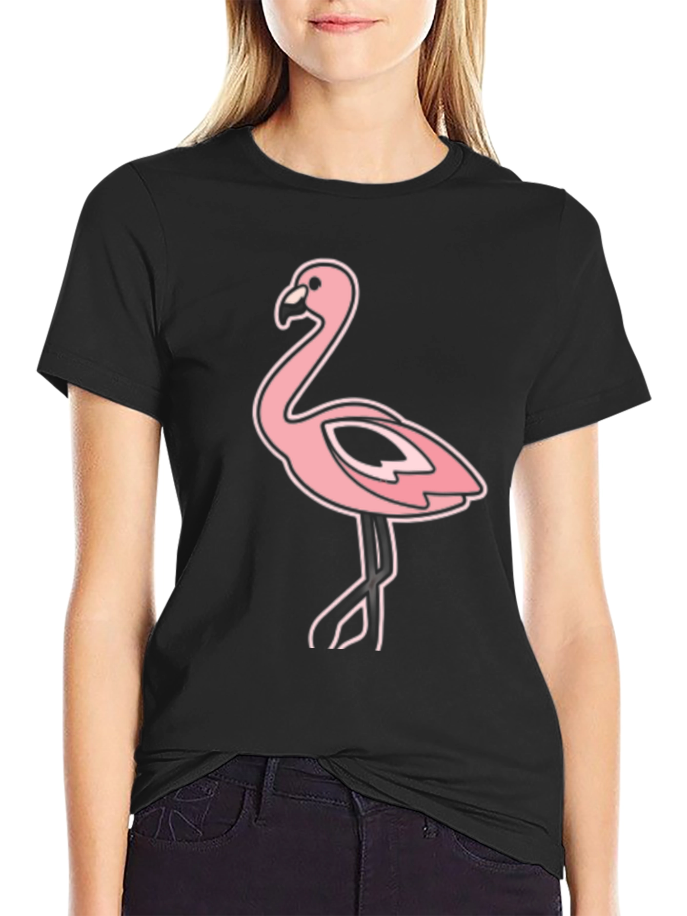Black Tee with Pink Flamingo Graphic Print