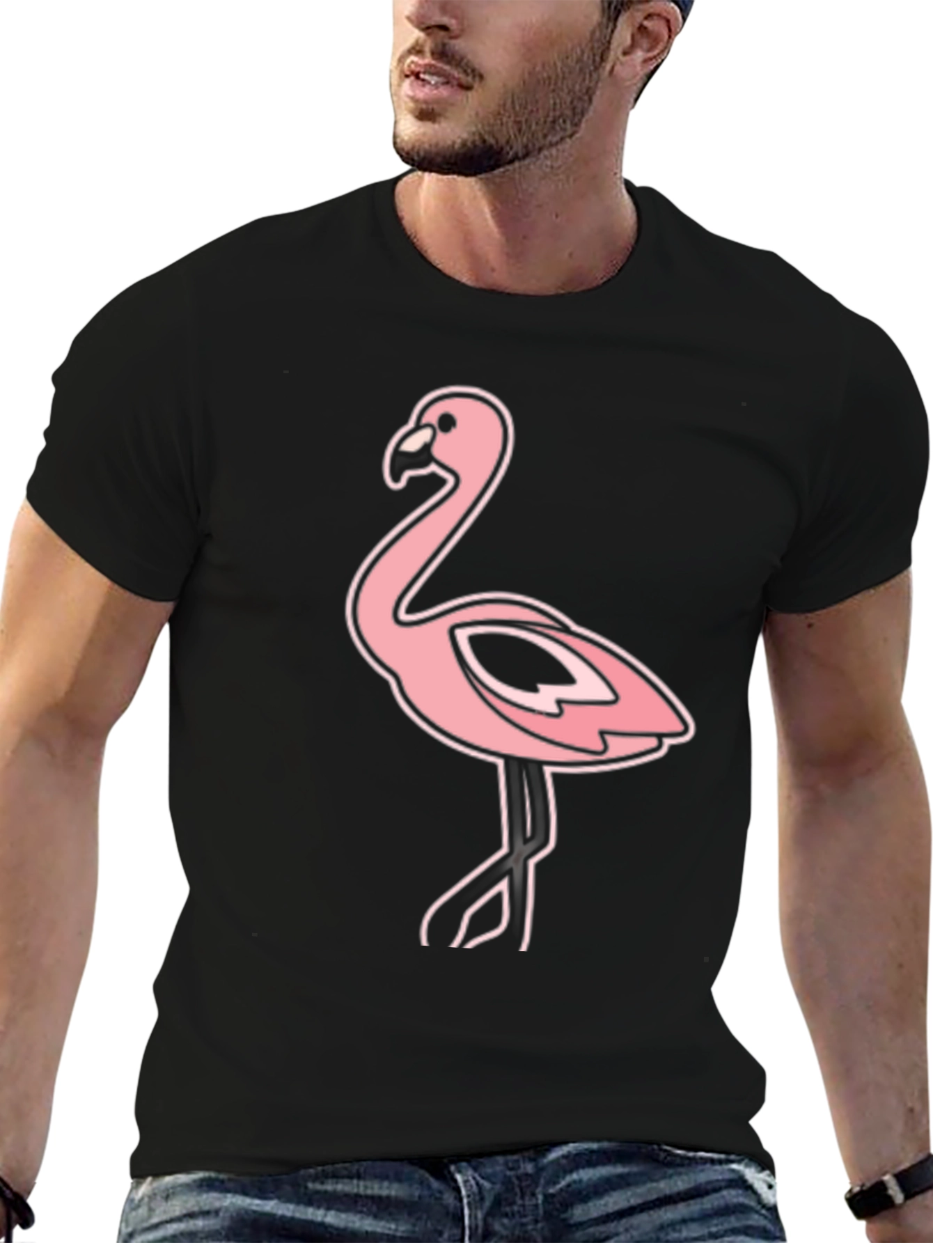 Black Tee with Pink Flamingo Graphic Print