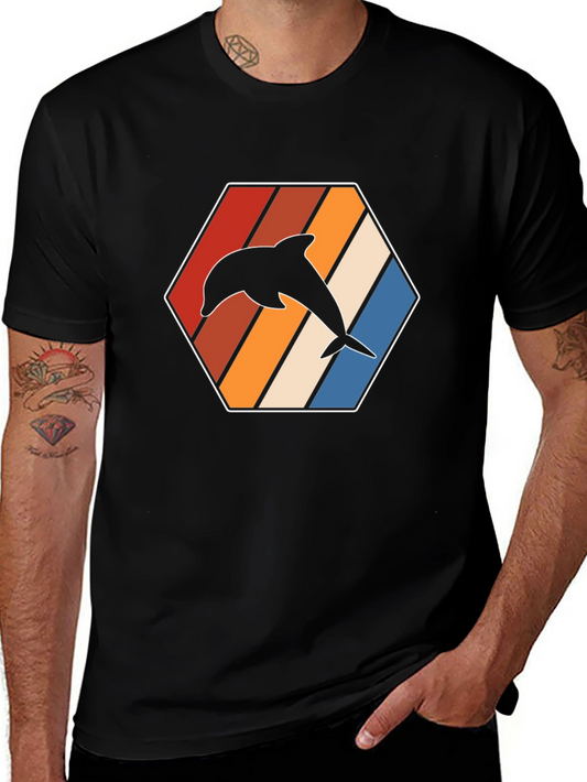 Retro Dolphin Graphic Tee - Black Cotton T-Shirt