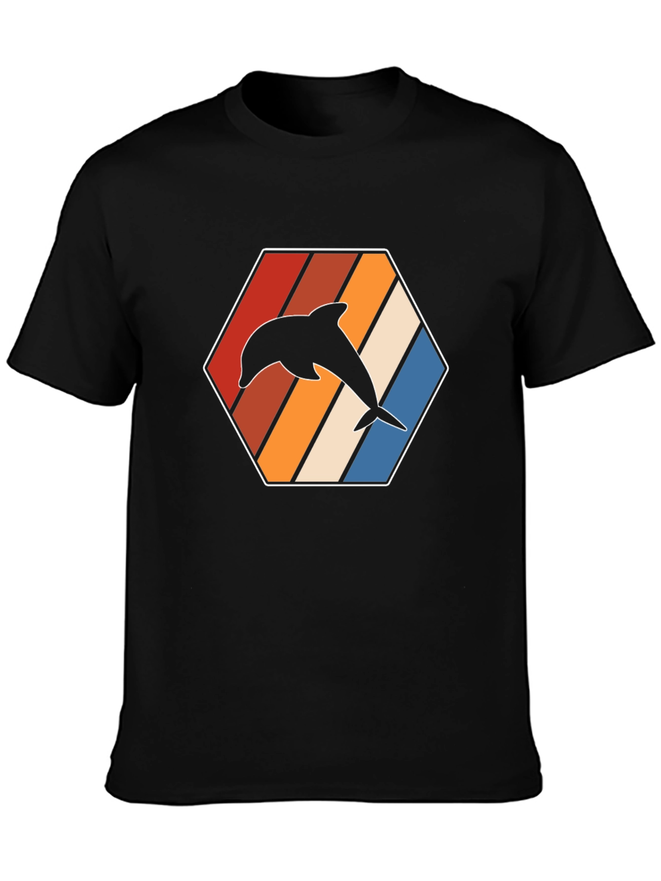 Retro Dolphin Graphic Tee - Black Cotton T-Shirt