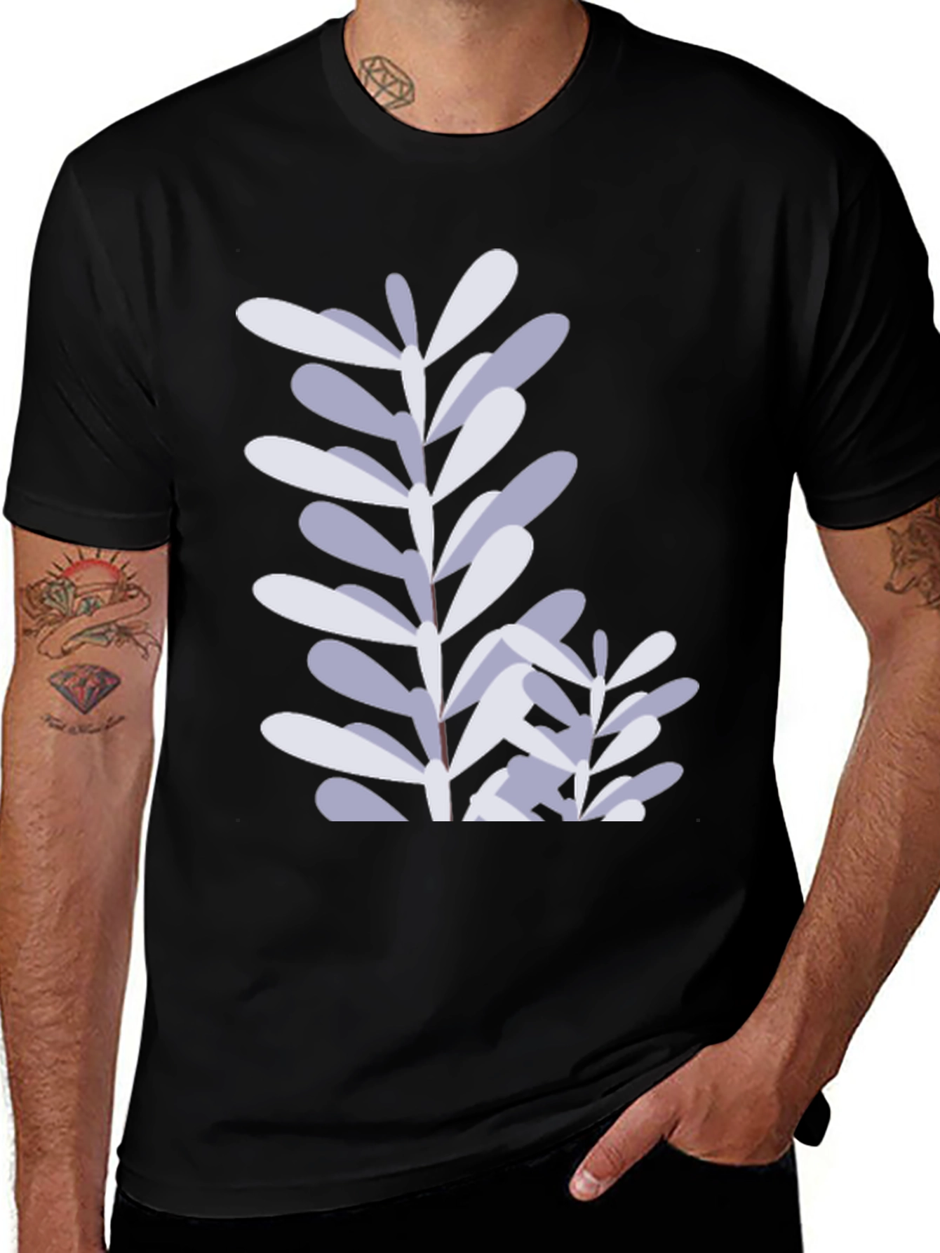 Stylish Black T-Shirt with Botanical Leaf Print