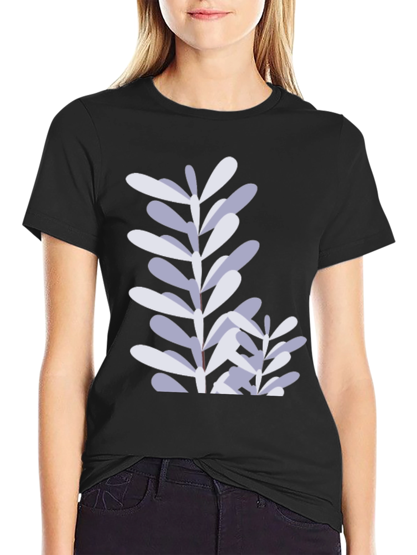 Stylish Black T-Shirt with Botanical Leaf Print