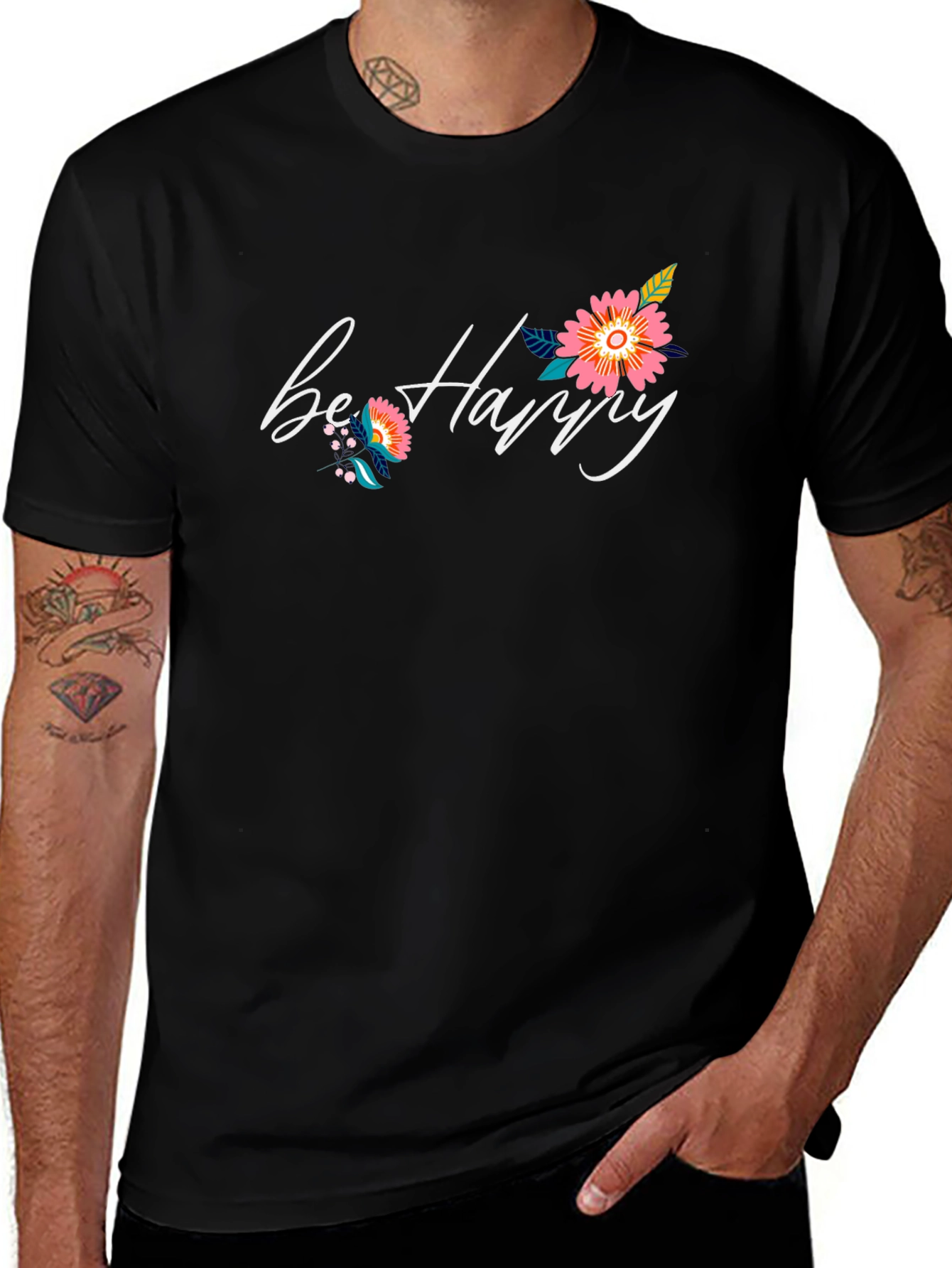 Be Happy Floral Graphic Black T-Shirt