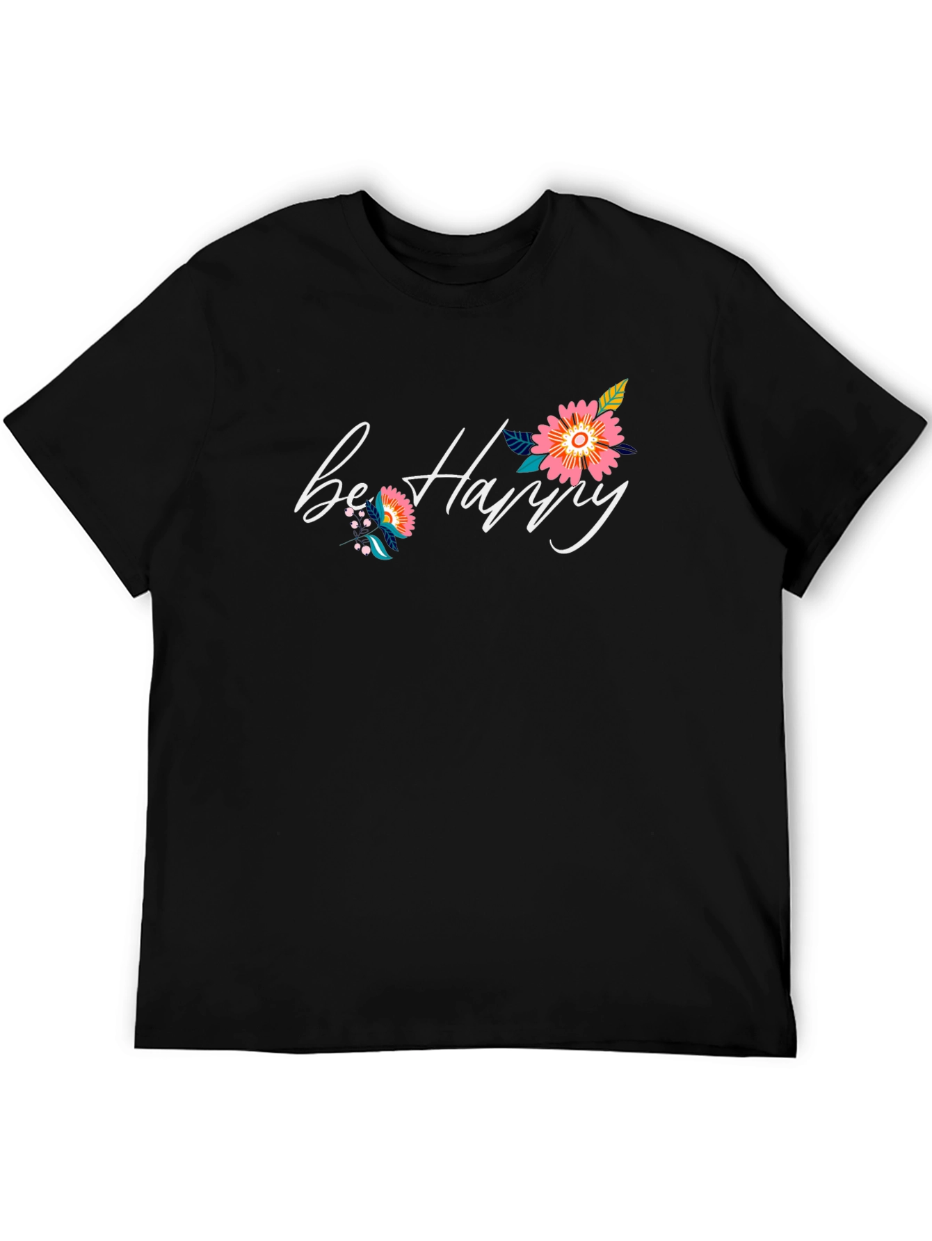 Be Happy Floral Graphic Black T-Shirt