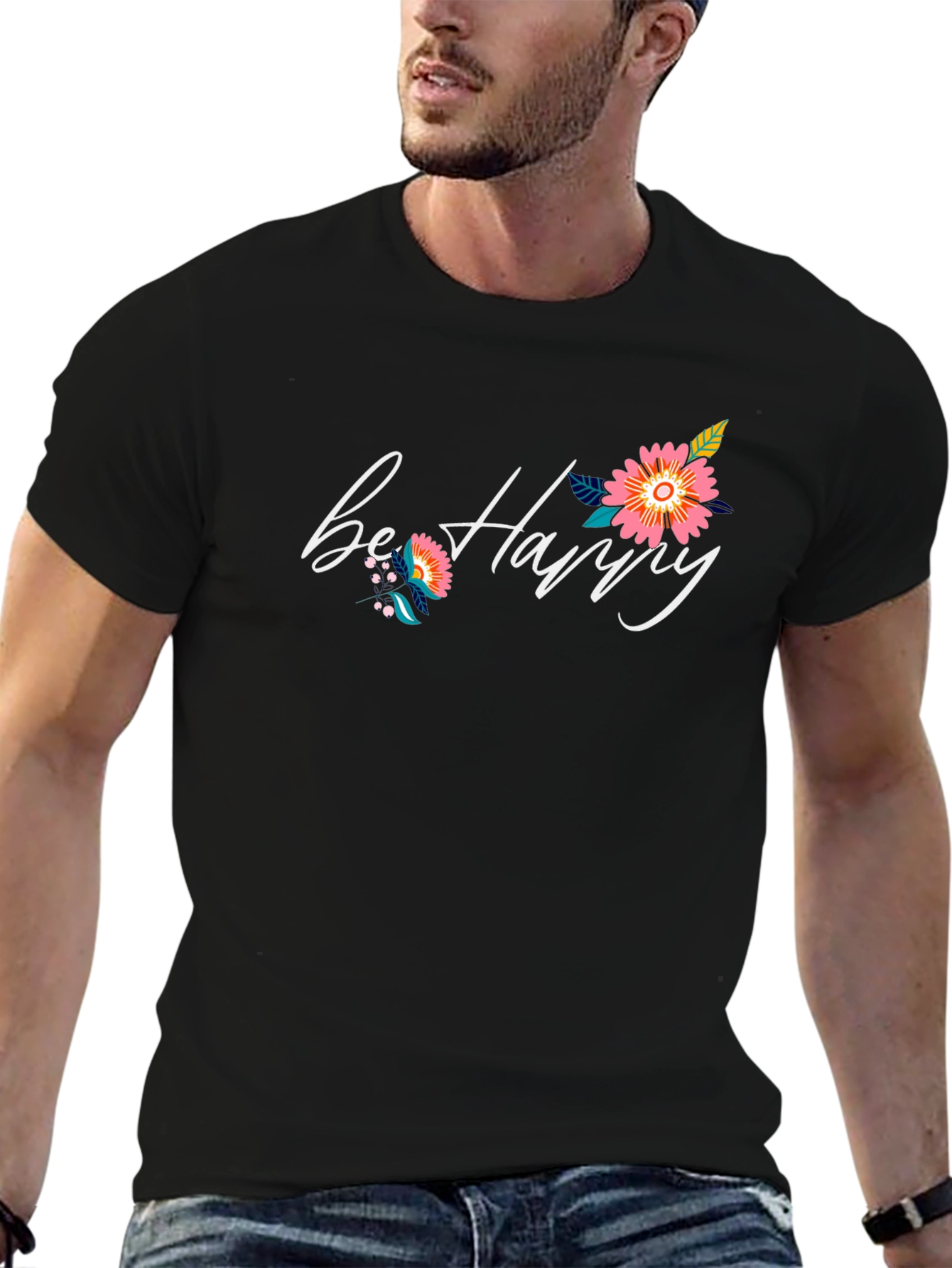 Be Happy Floral Graphic Black T-Shirt