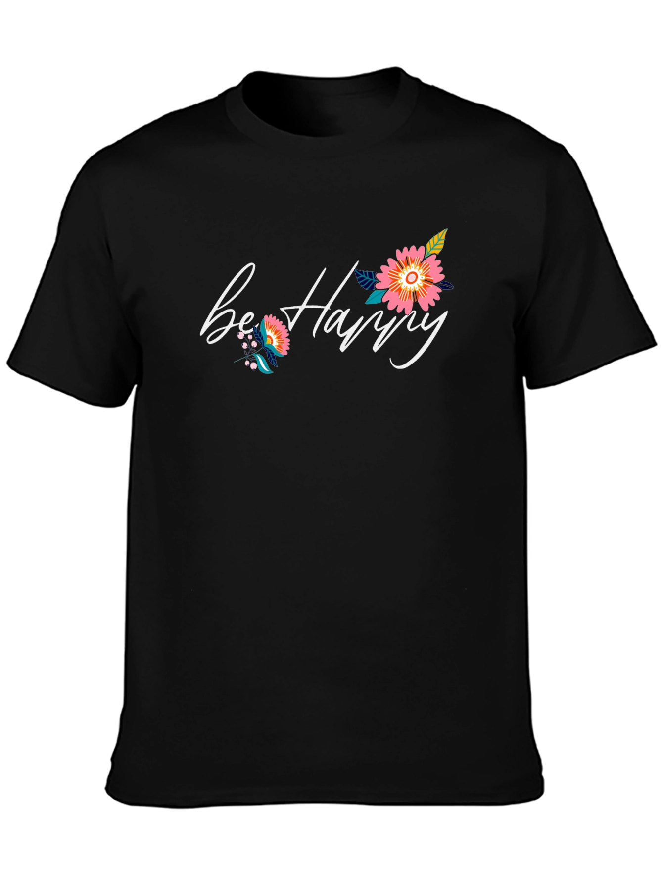 Be Happy Floral Graphic Black T-Shirt