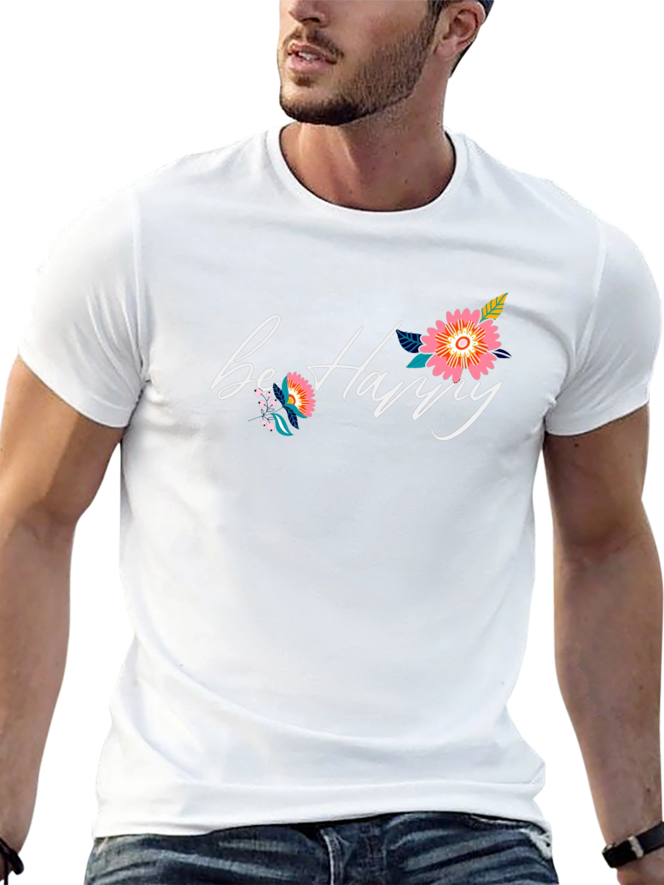 Be Happy Floral Graphic Black T-Shirt