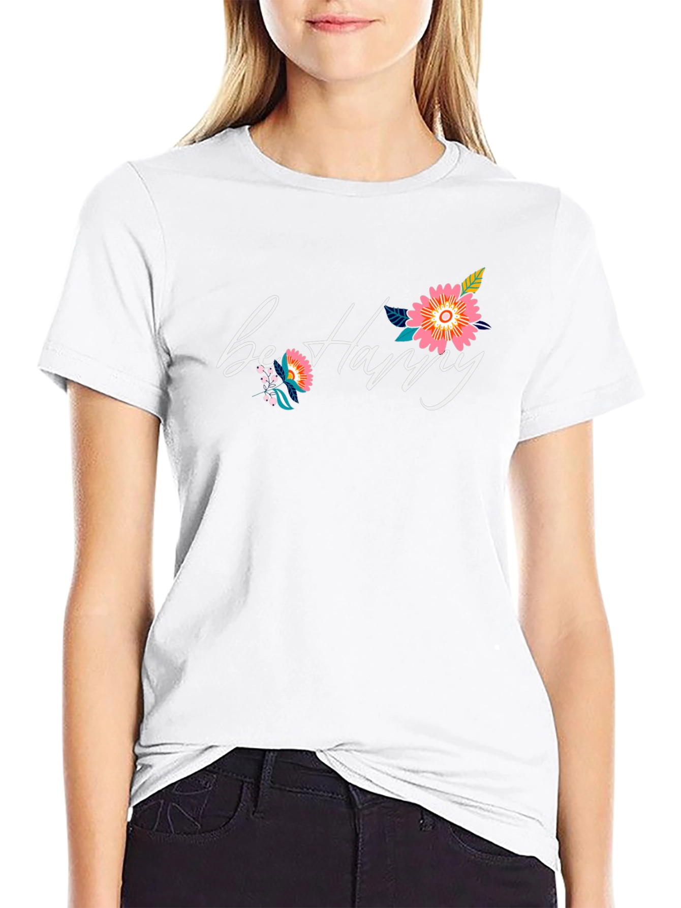 Be Happy Floral Graphic Black T-Shirt