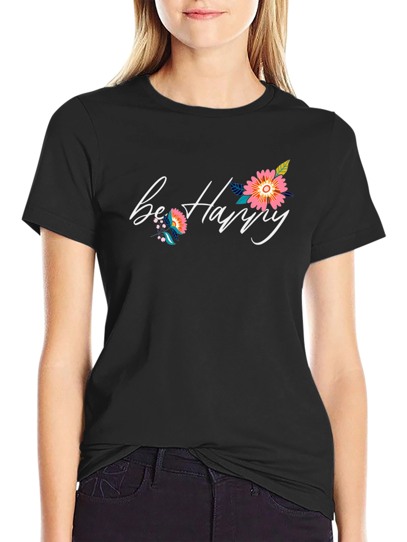 Be Happy Floral Graphic Black T-Shirt