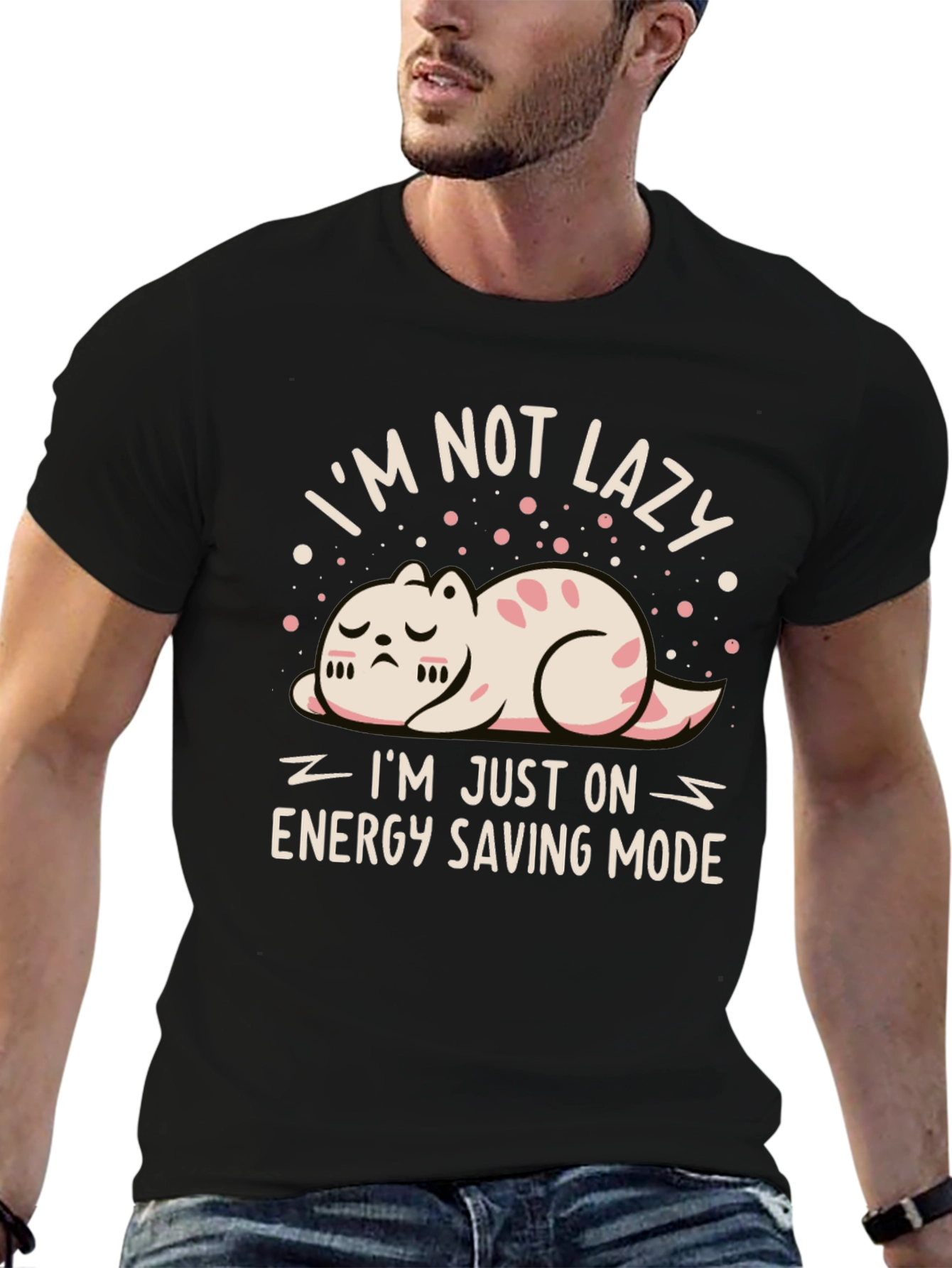 Funny Cat Energy Saving Mode Black T-Shirt