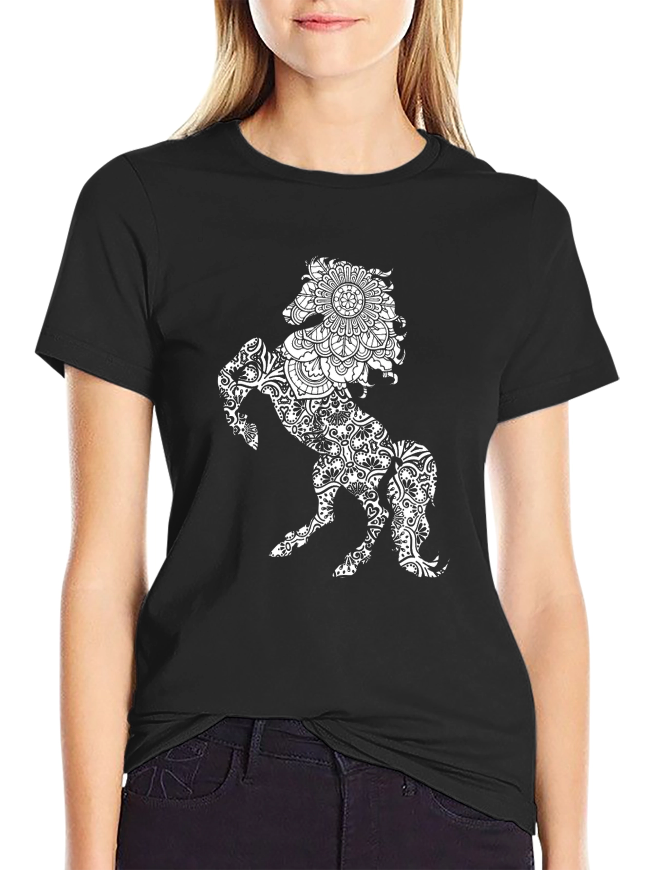 Black T-Shirt with Horse Mandala Print