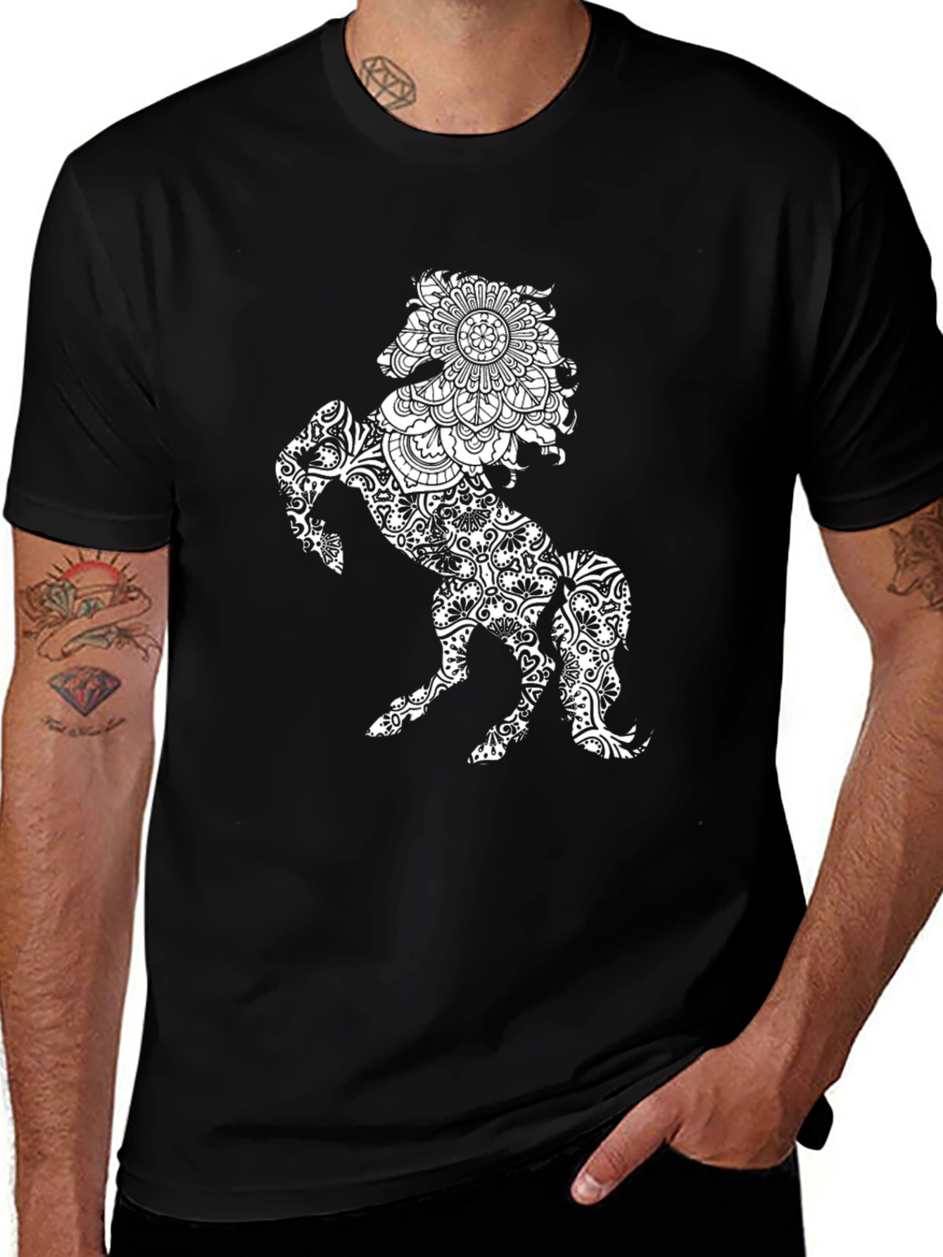 Black T-Shirt with Horse Mandala Print