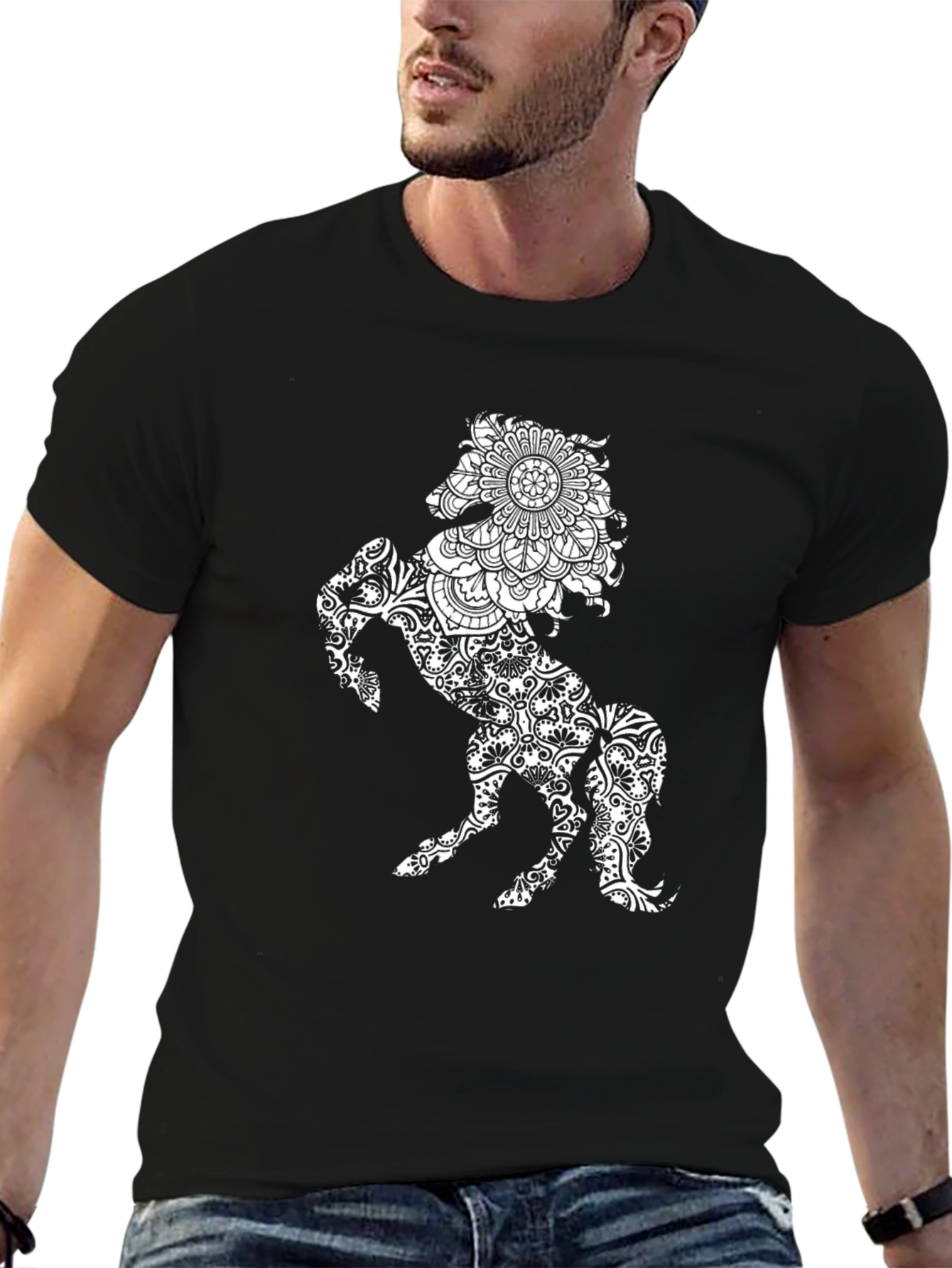 Black T-Shirt with Horse Mandala Print