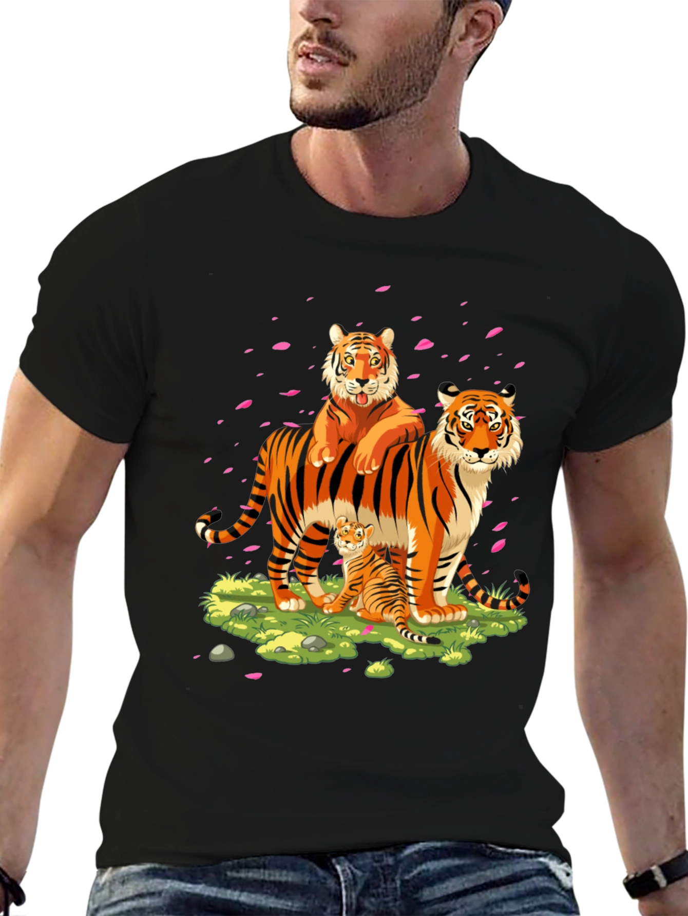 Tiger Family Graphic Print Black T-Shirt